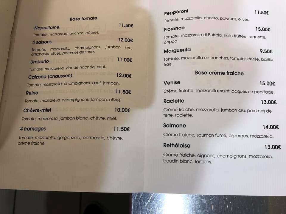 Menu de Le Milan