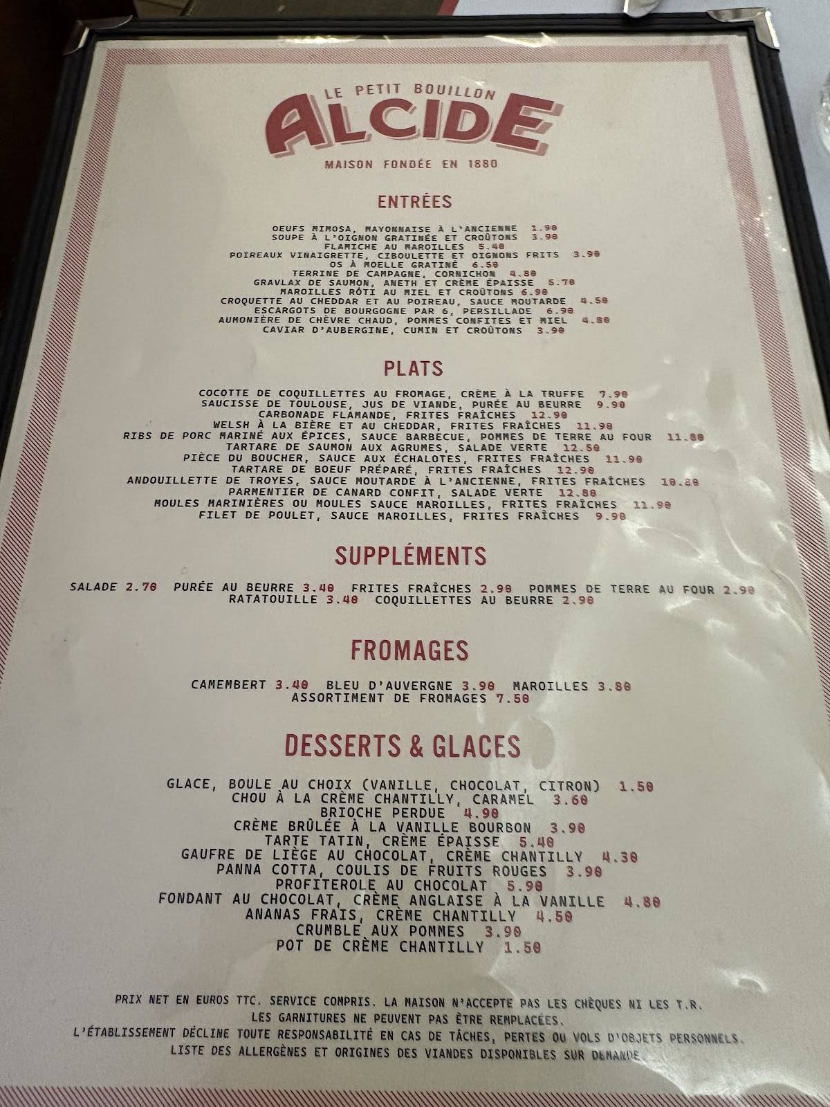 Menu de Le Petit Bouillon Alcide