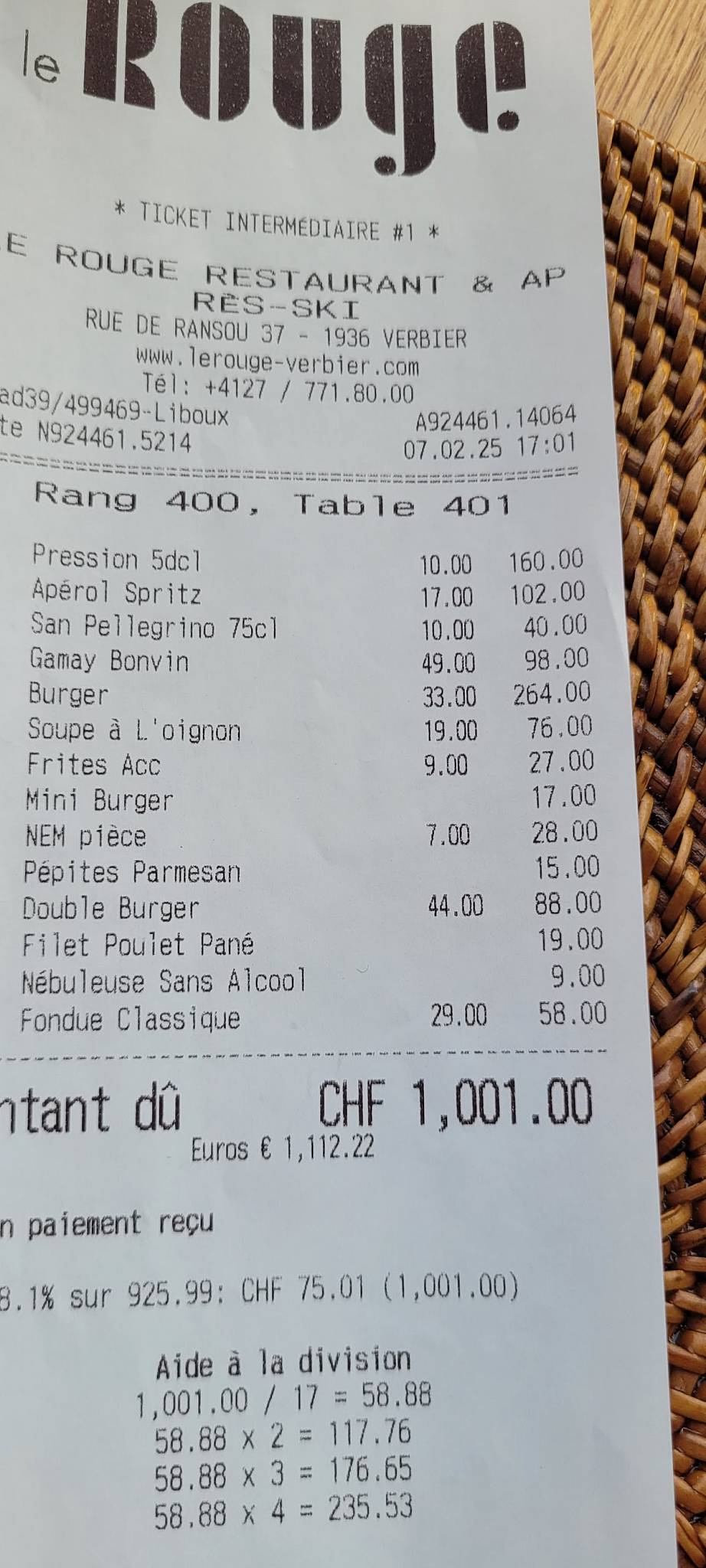 Menu di Le Rouge Restaurant & Après-Ski, Verbier 