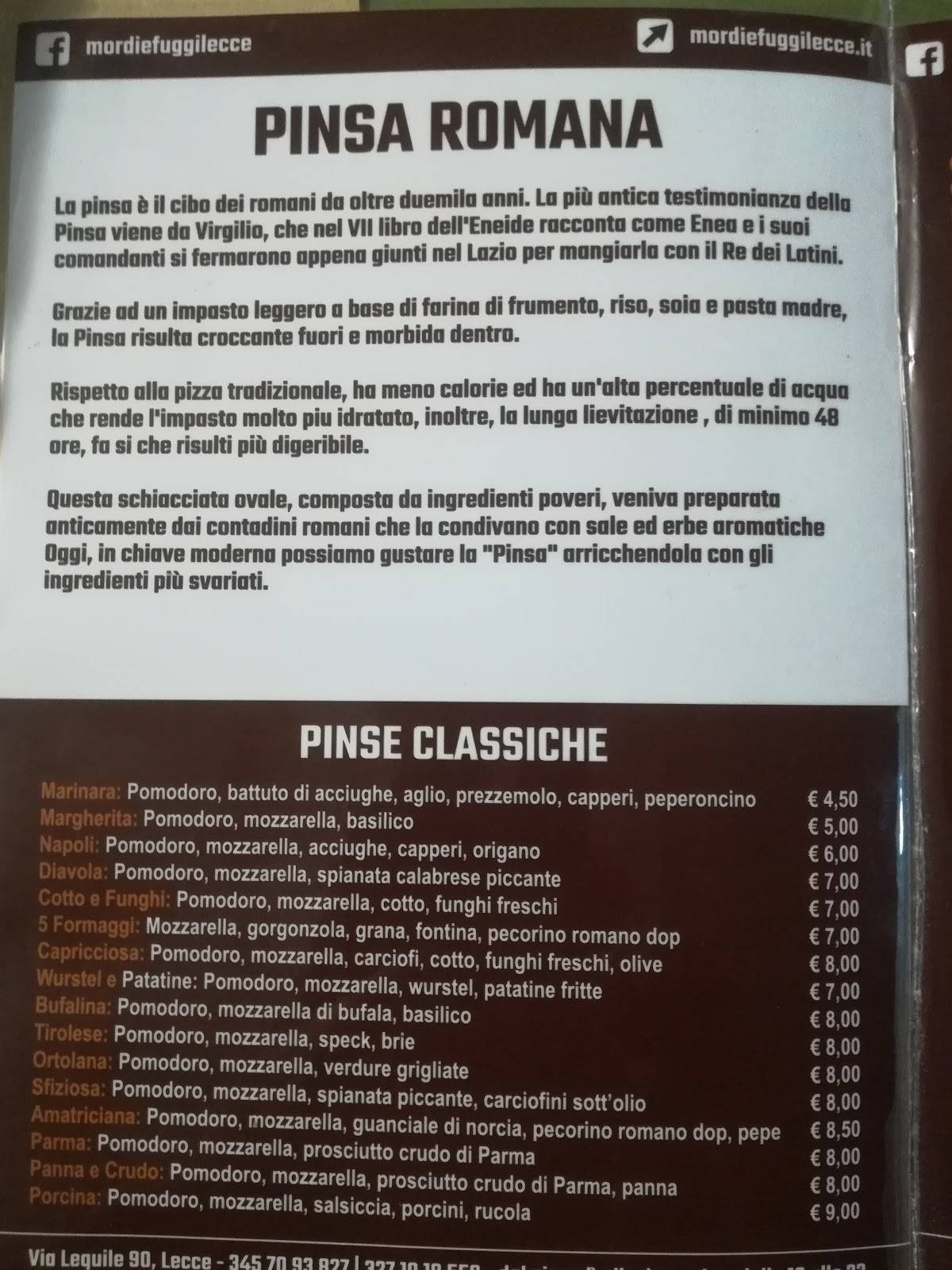 Menu di Mordi e Fuggi | Tavola Calda Pinseria 
