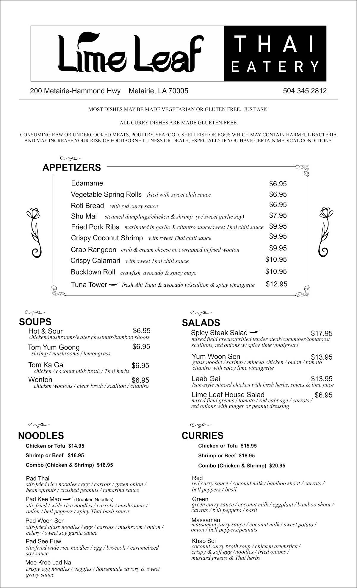 Menu at Lime Leaf Thai Eatery restaurant, Metairie