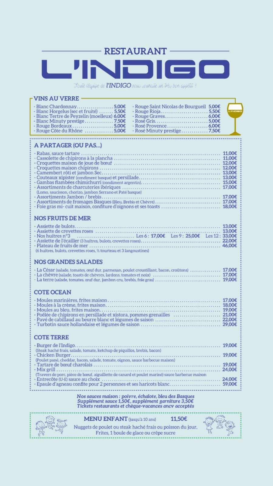 Menu de L'indigo