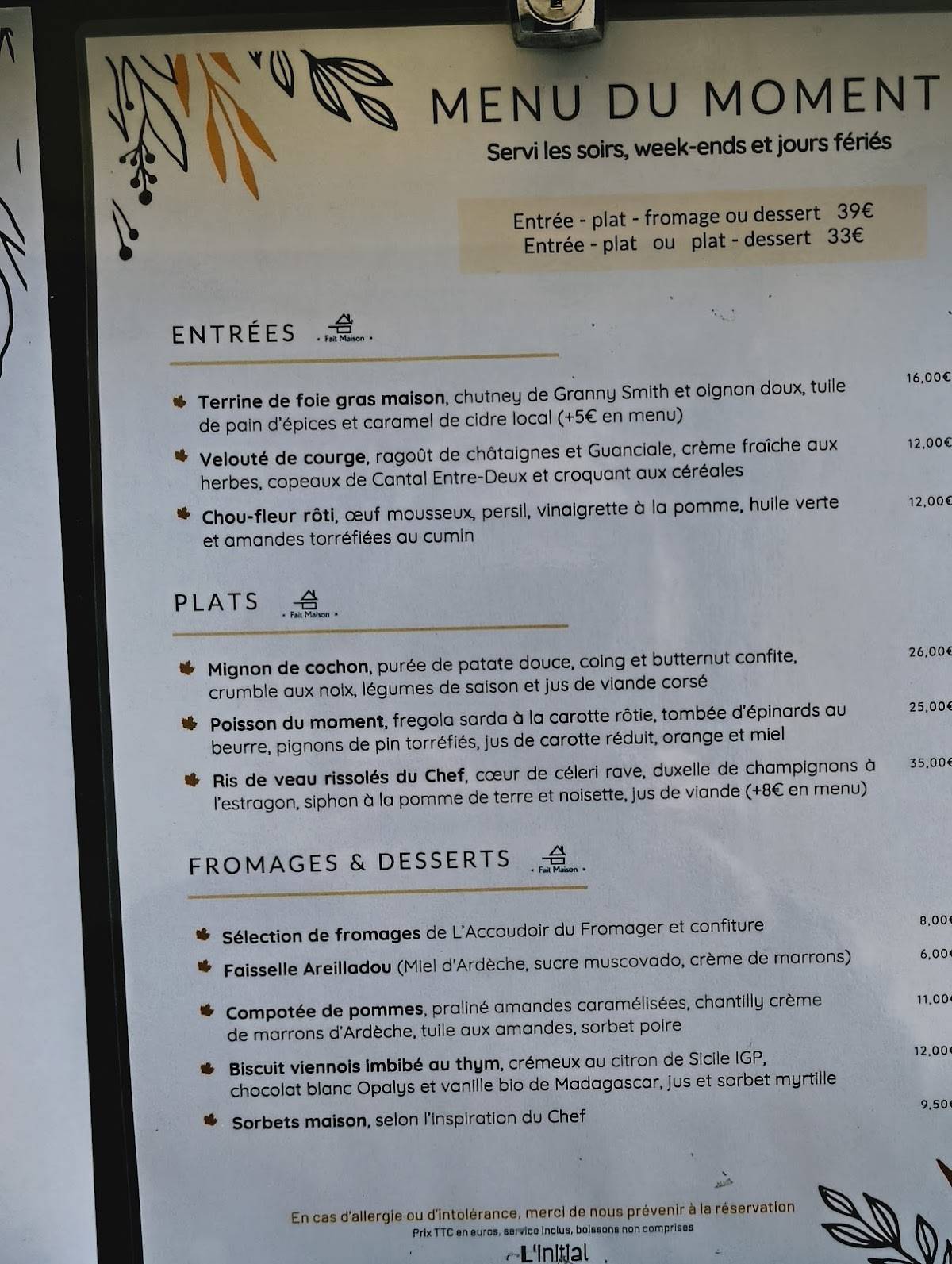 Menu de L'initial - Restaurant à Privas