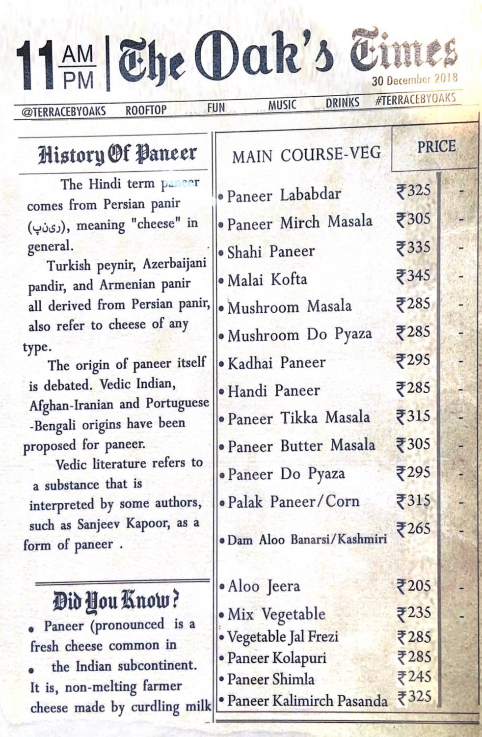 OAKSLAND menu