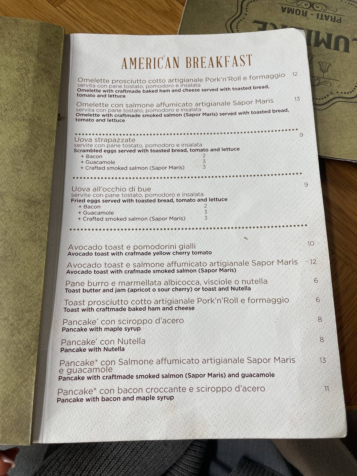 Menu di Lumière Prati Roma 