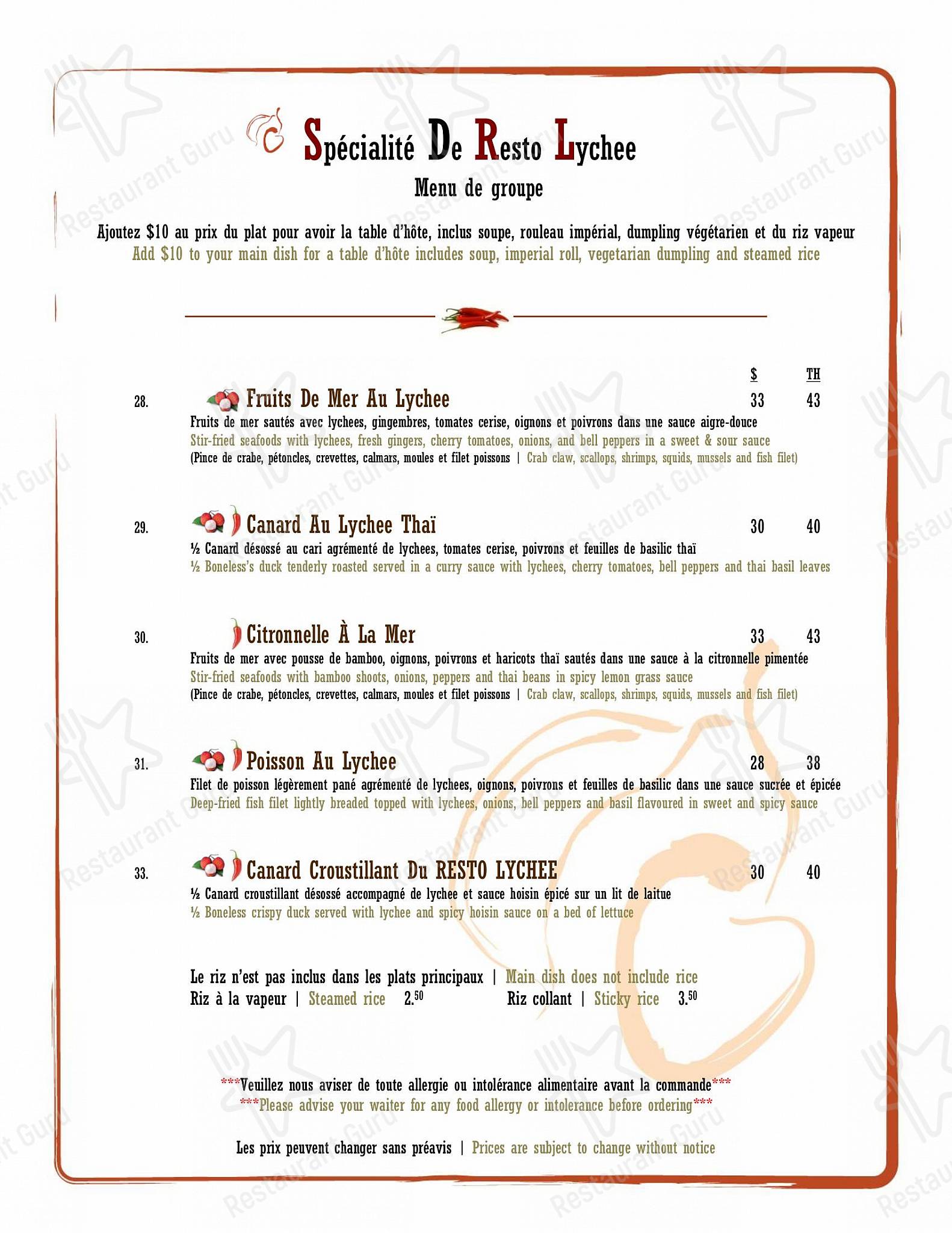Resto Lychee dans Montréal - Menu