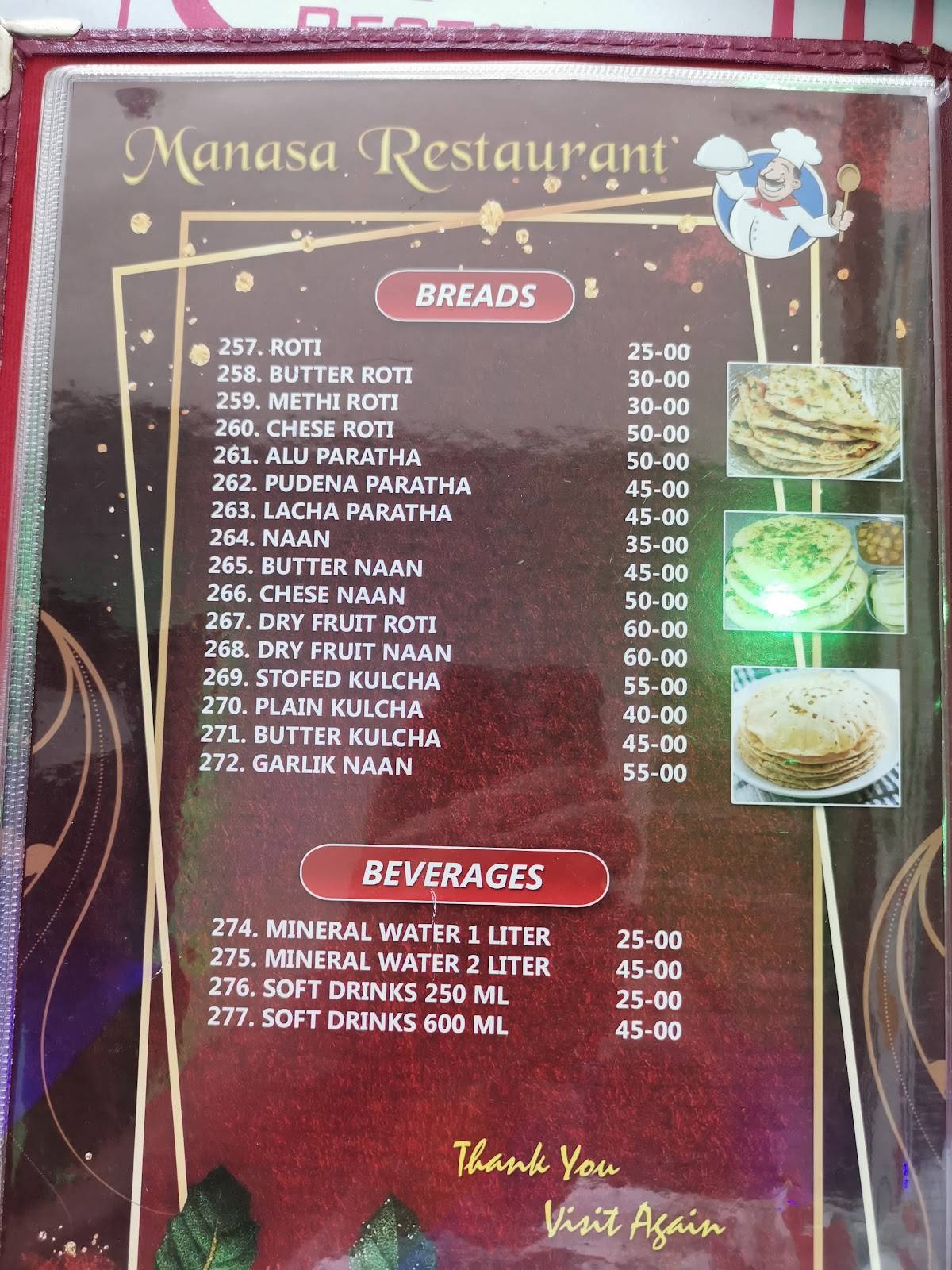 MANASA RESTAURANT menu