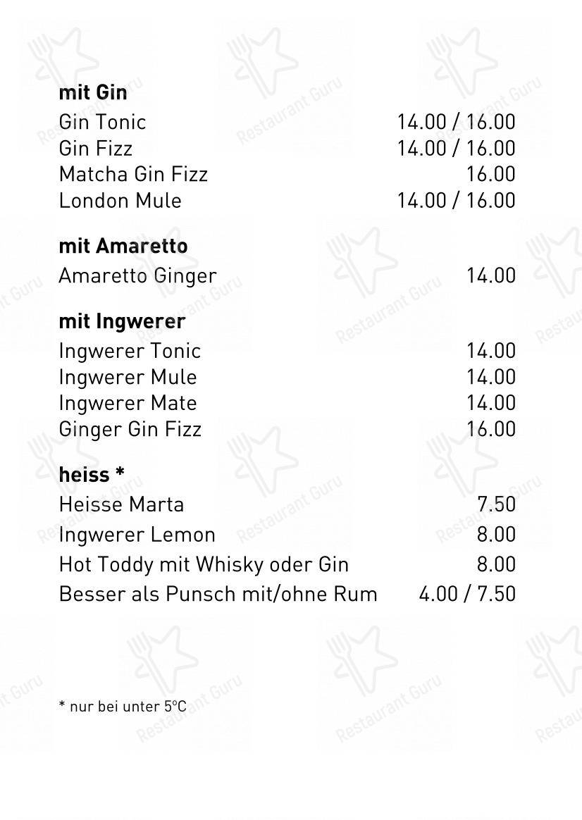 MARTA Cafe - Music - Bar in Berna - Menu