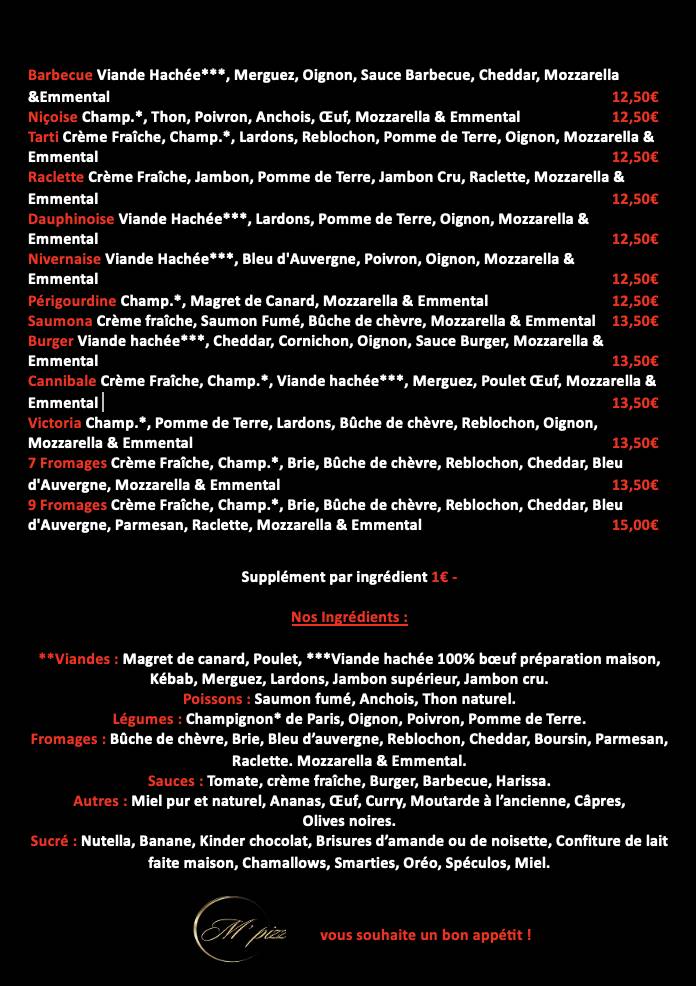 Menu de M'Pizz