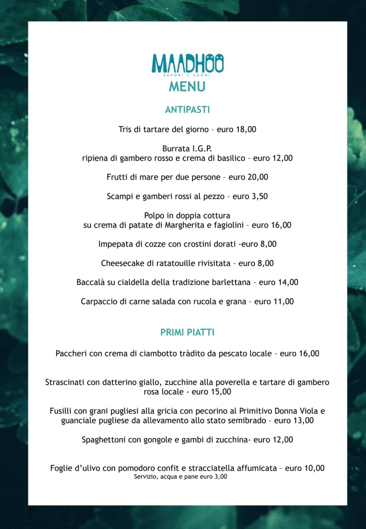 Menu di Maadhoo-sapori e suoni 