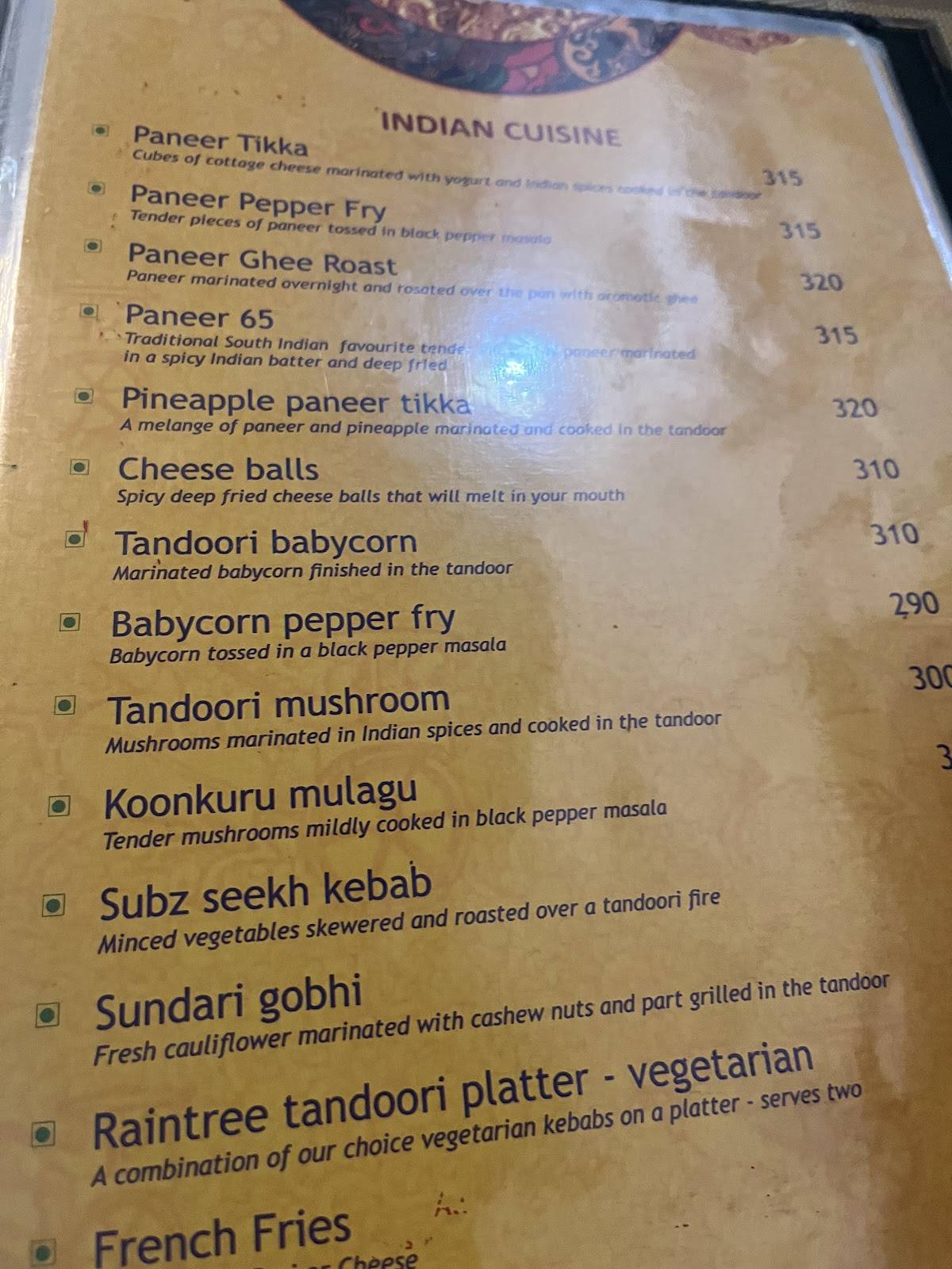 Raintree Restaurants menu