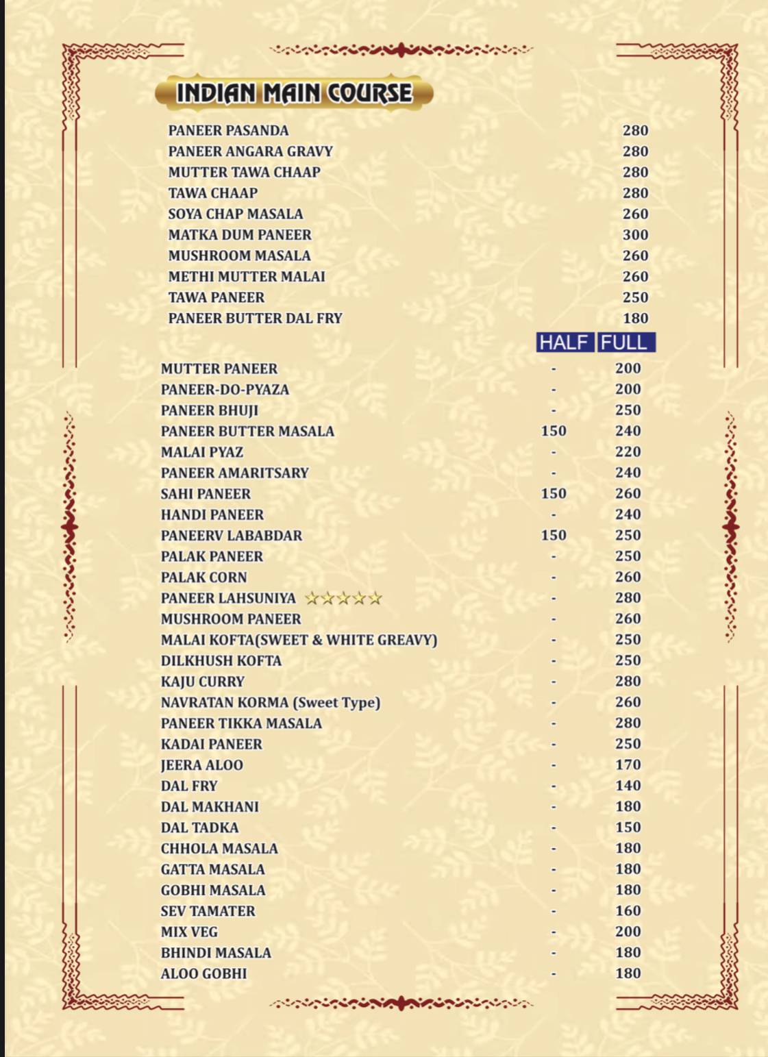 Milan Restaurant menu