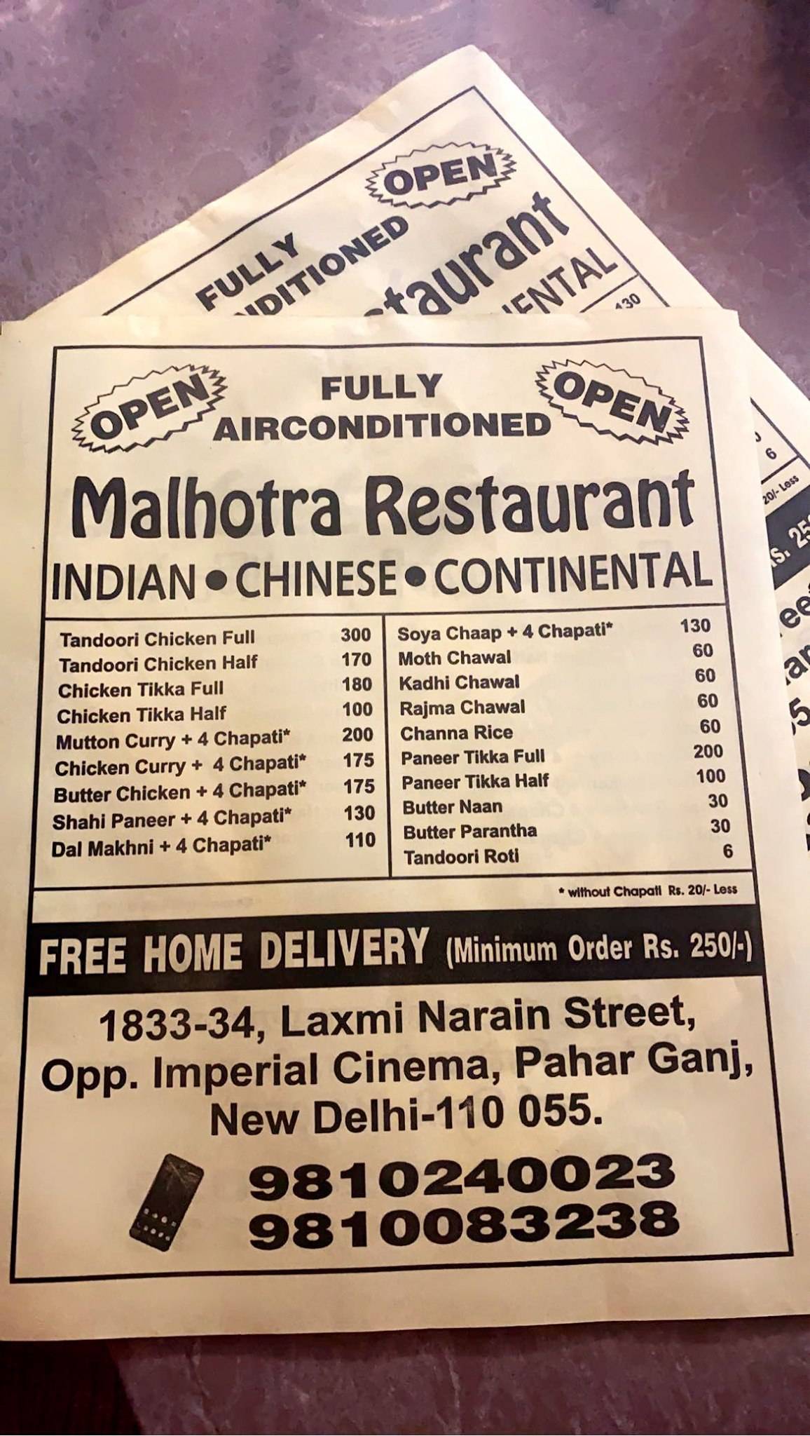 Malhotra Restaurant menu