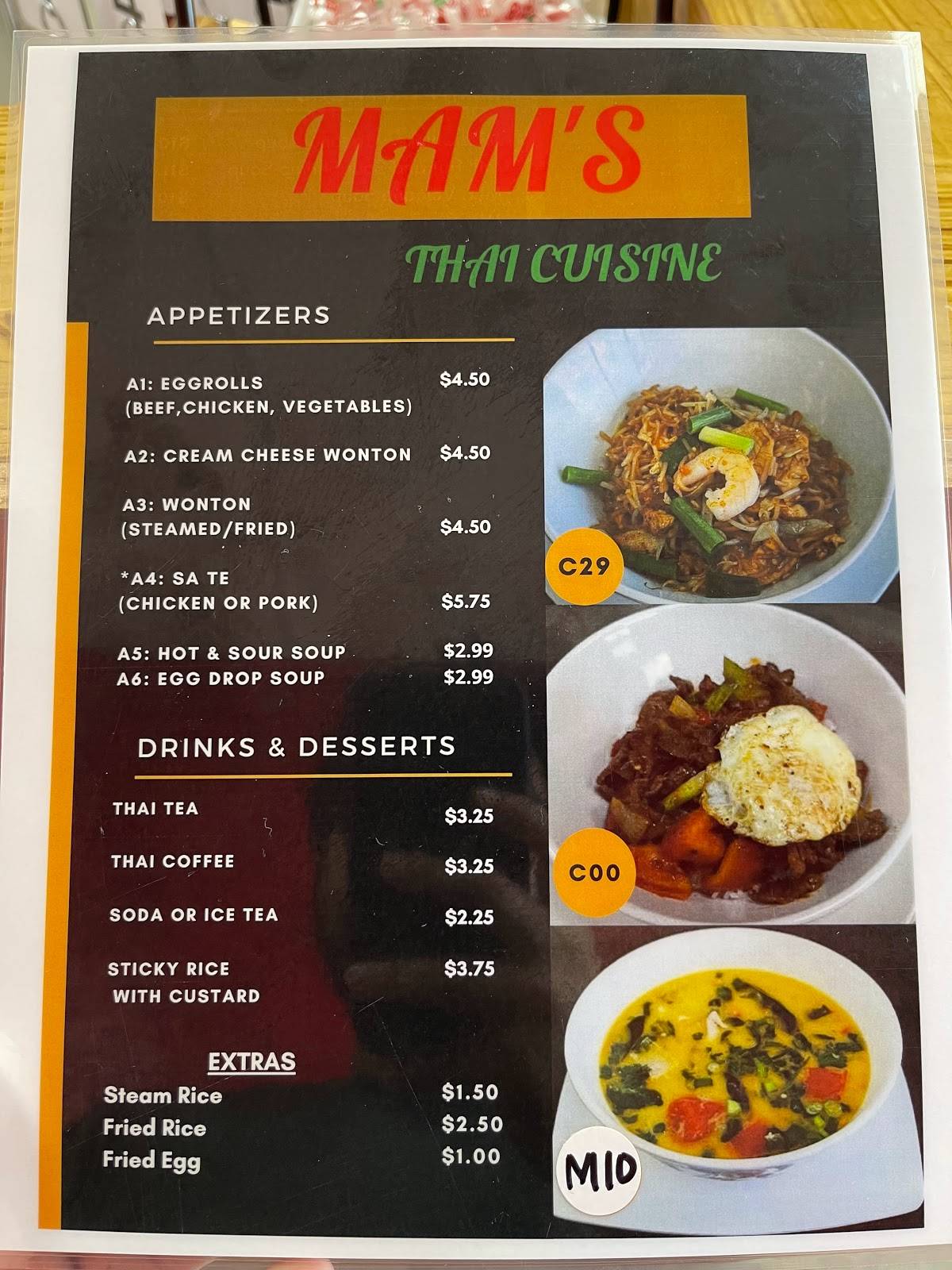 Menu at Mam’s Thai Cuisine restaurant, Lubbock