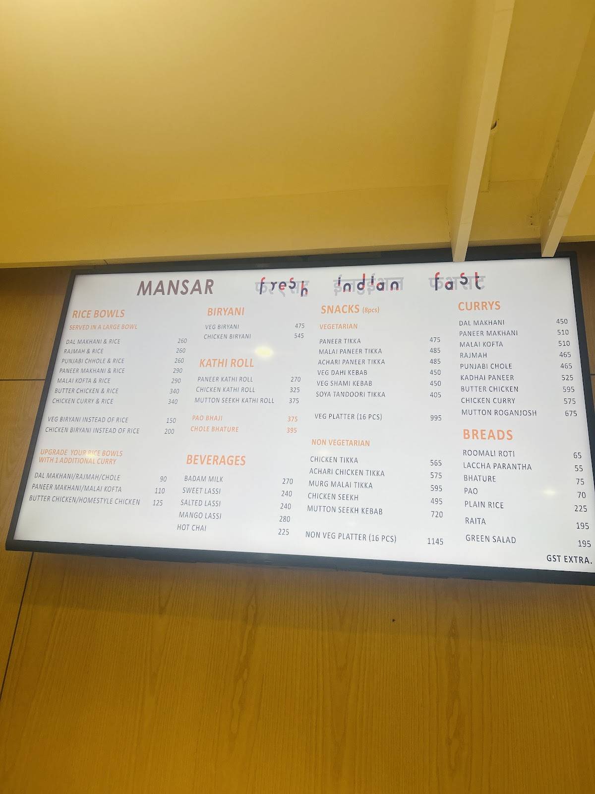 Mansar Coffee menu