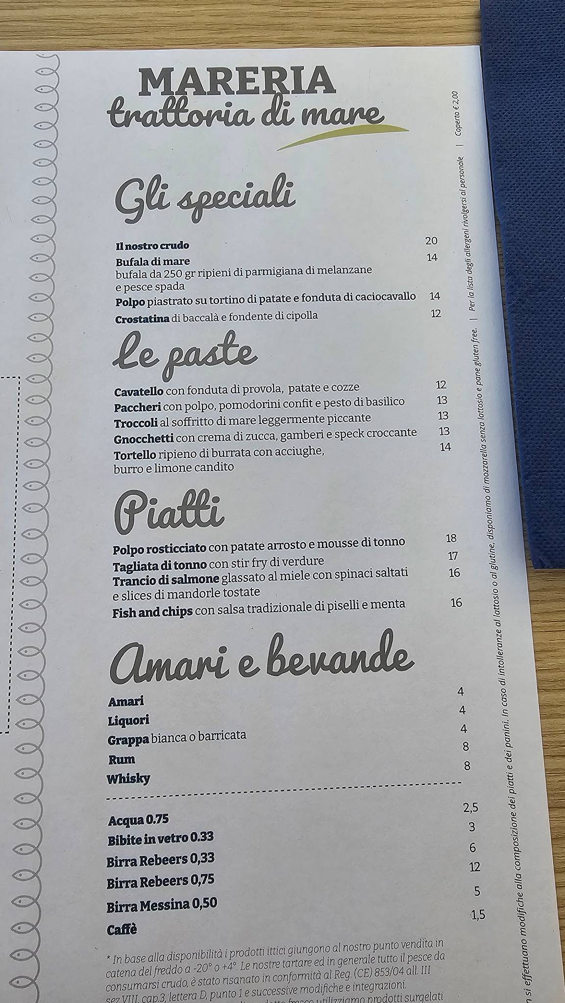Menu di Mareria. Bottega del mare 