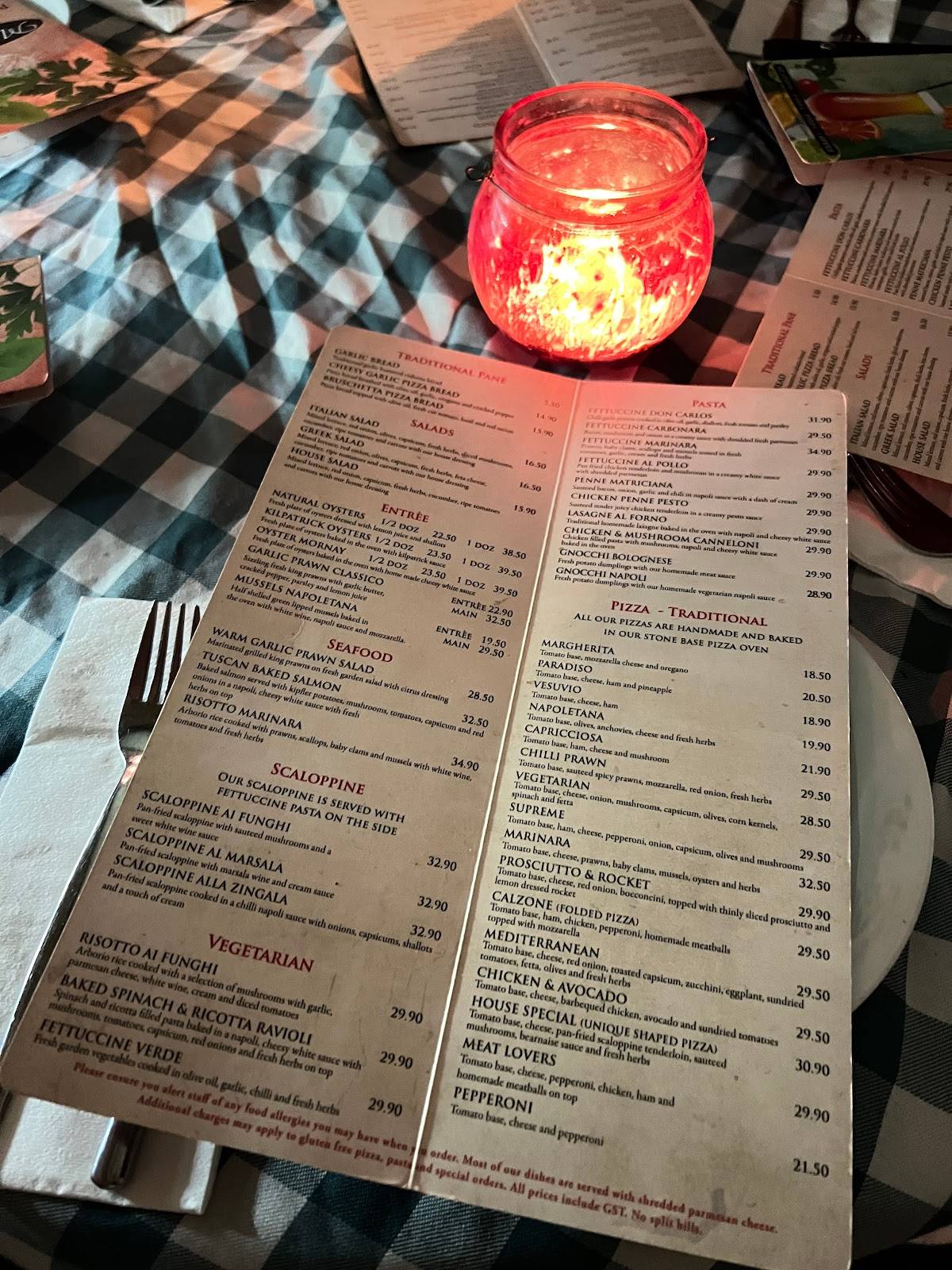 Menu at Marinara Trattoria restaurant, Paddington