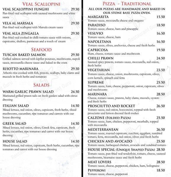 Menu at Marinara Trattoria restaurant, Paddington