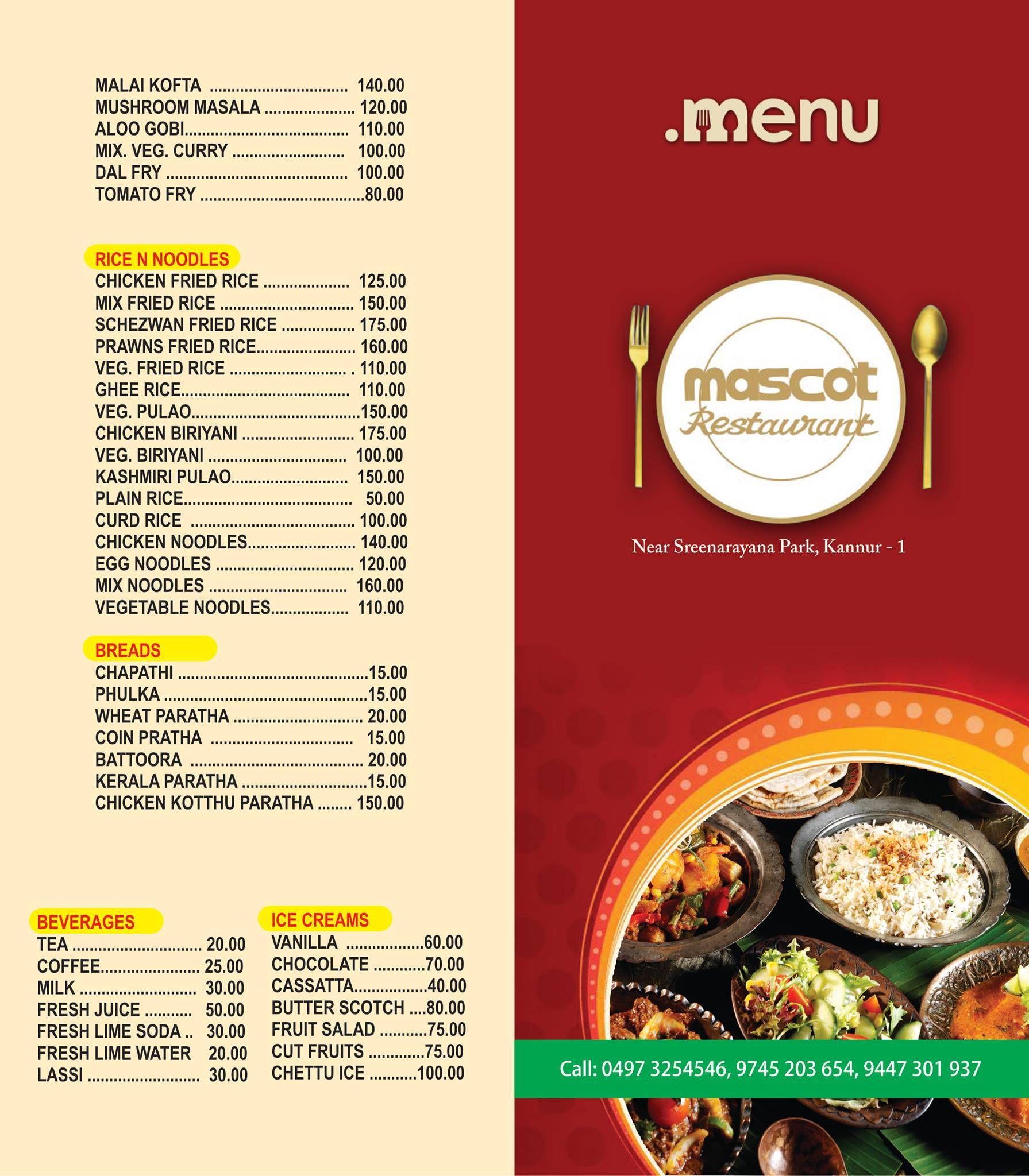 Mascot Restaurant Cannanore menu