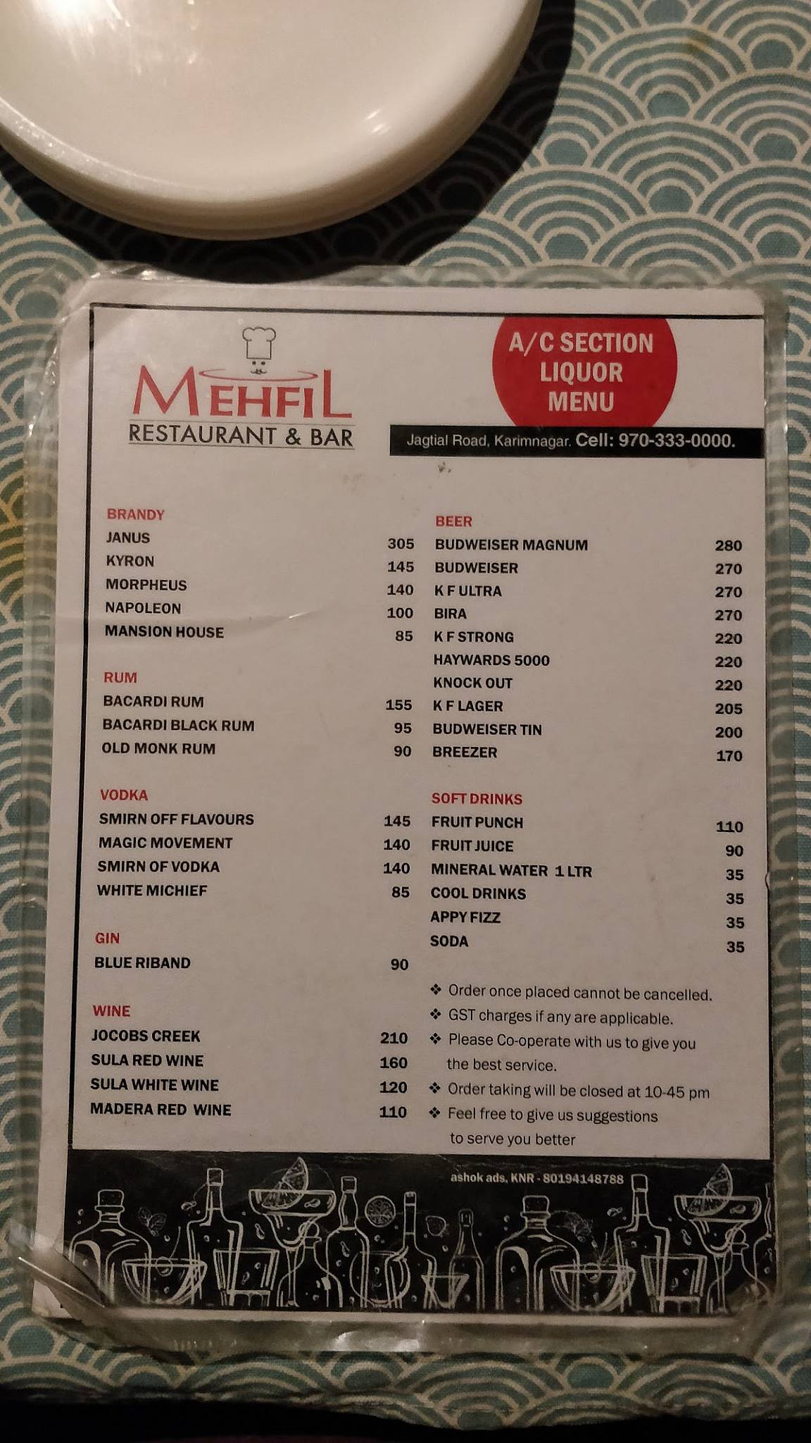 Mehfil Restaurant And Bar menu