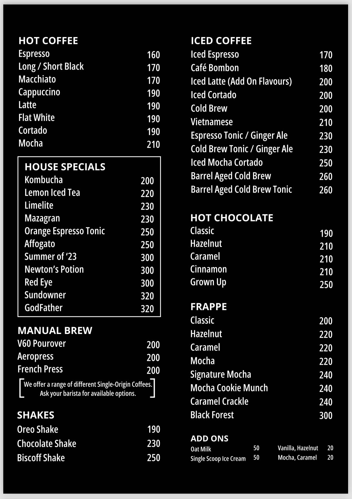 Meraki The Coffee House Arista menu