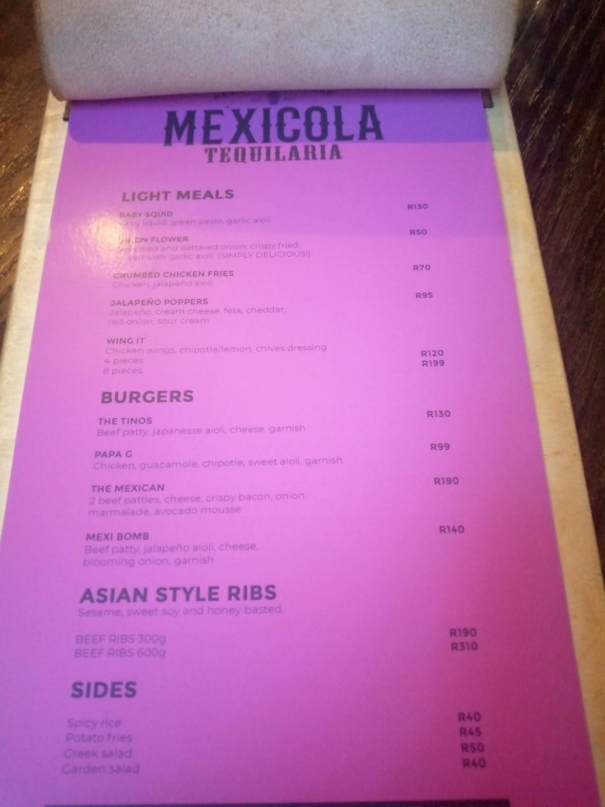 Menu at Mexicola restaurant, Umhlanga