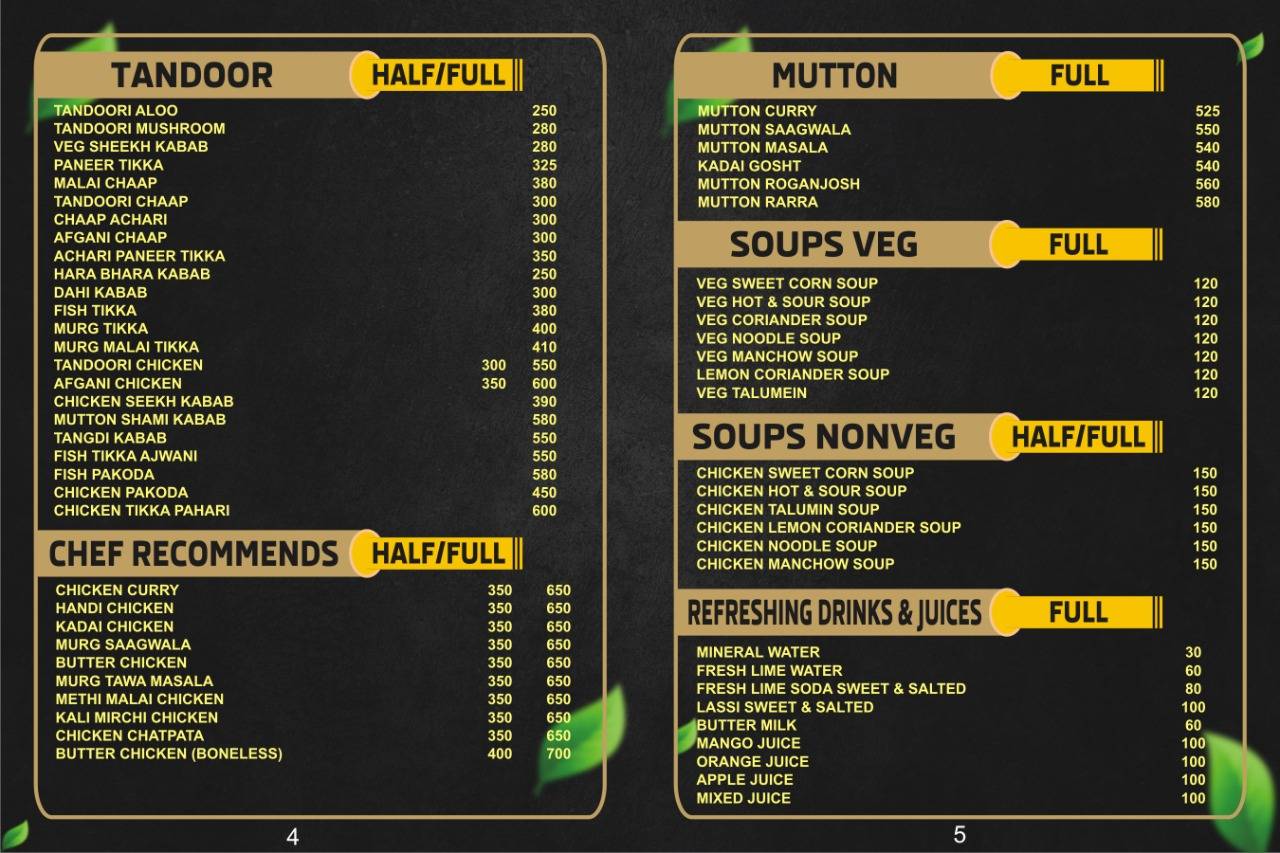 Midnight hotel and restaurant menu