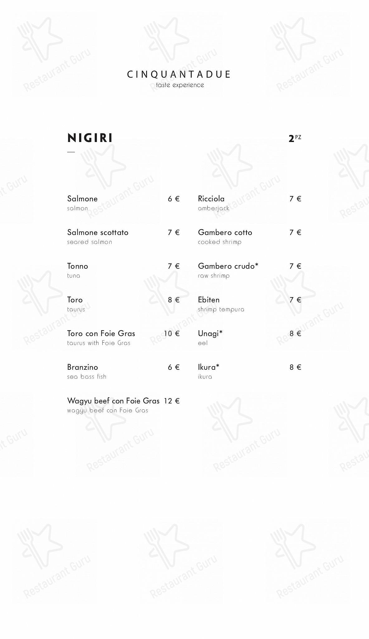 Menu per Cinquantadue Milano in Milano