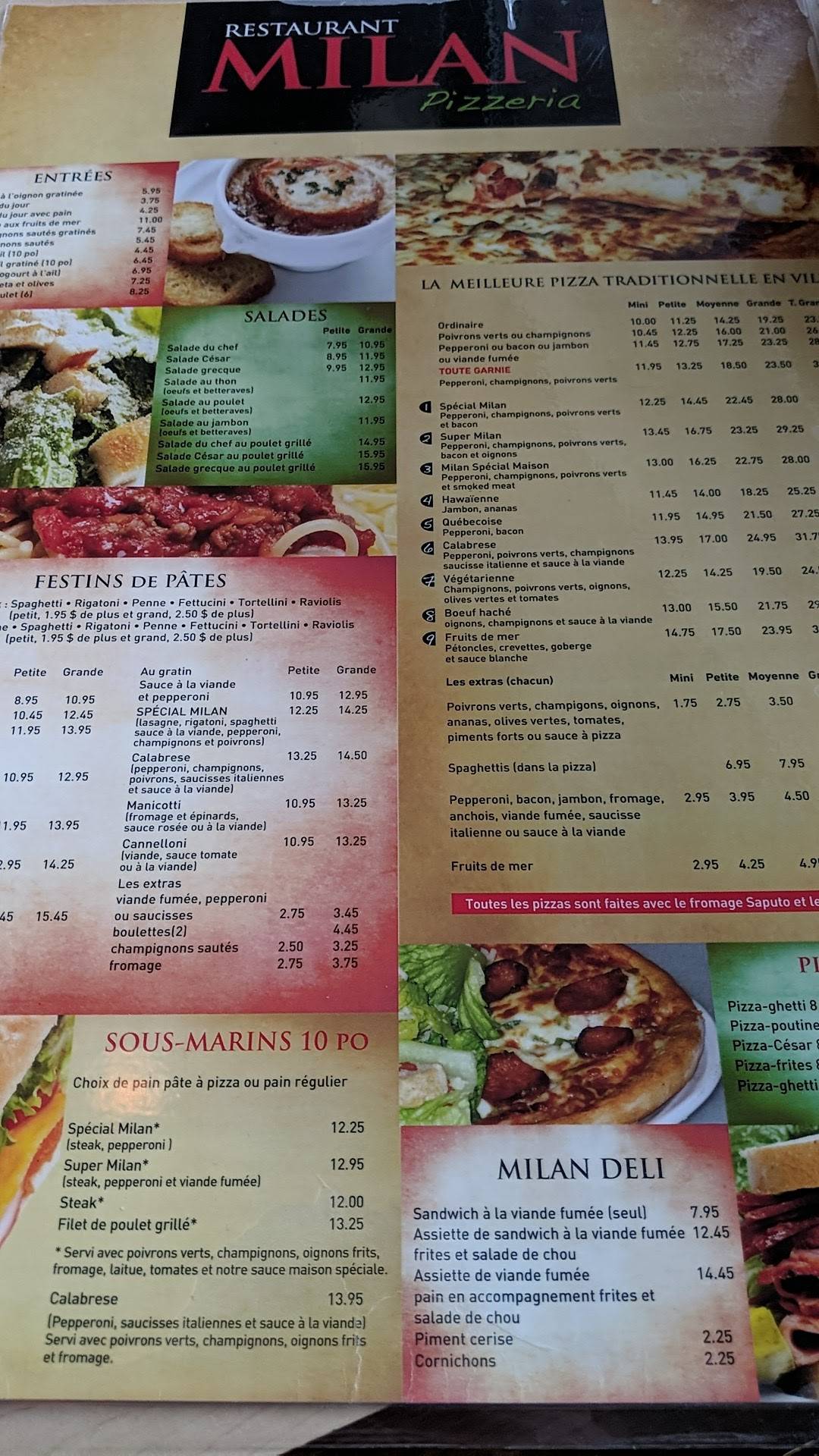 Menu au Milan Pizzeria, Longueuil