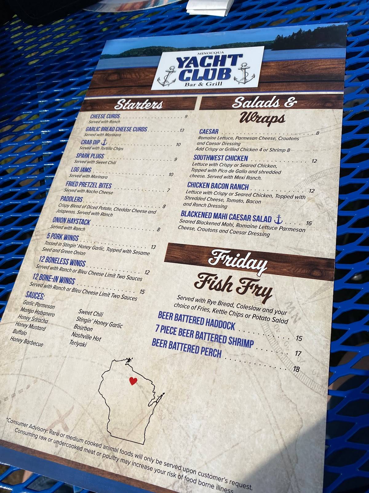 Minocqua Yacht Club menu