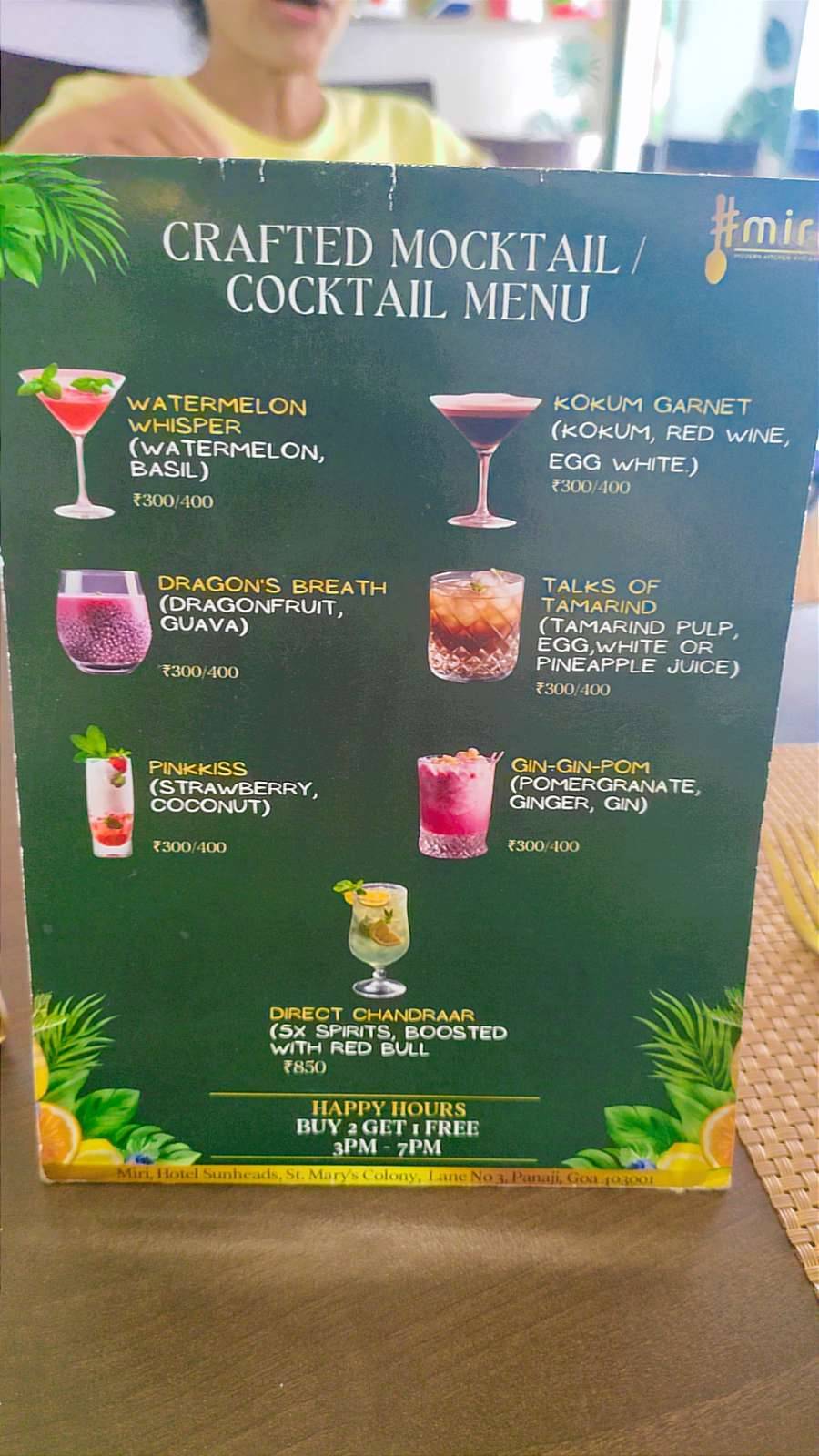 Miri Global Fusion Dining Miramar, Panjim menu