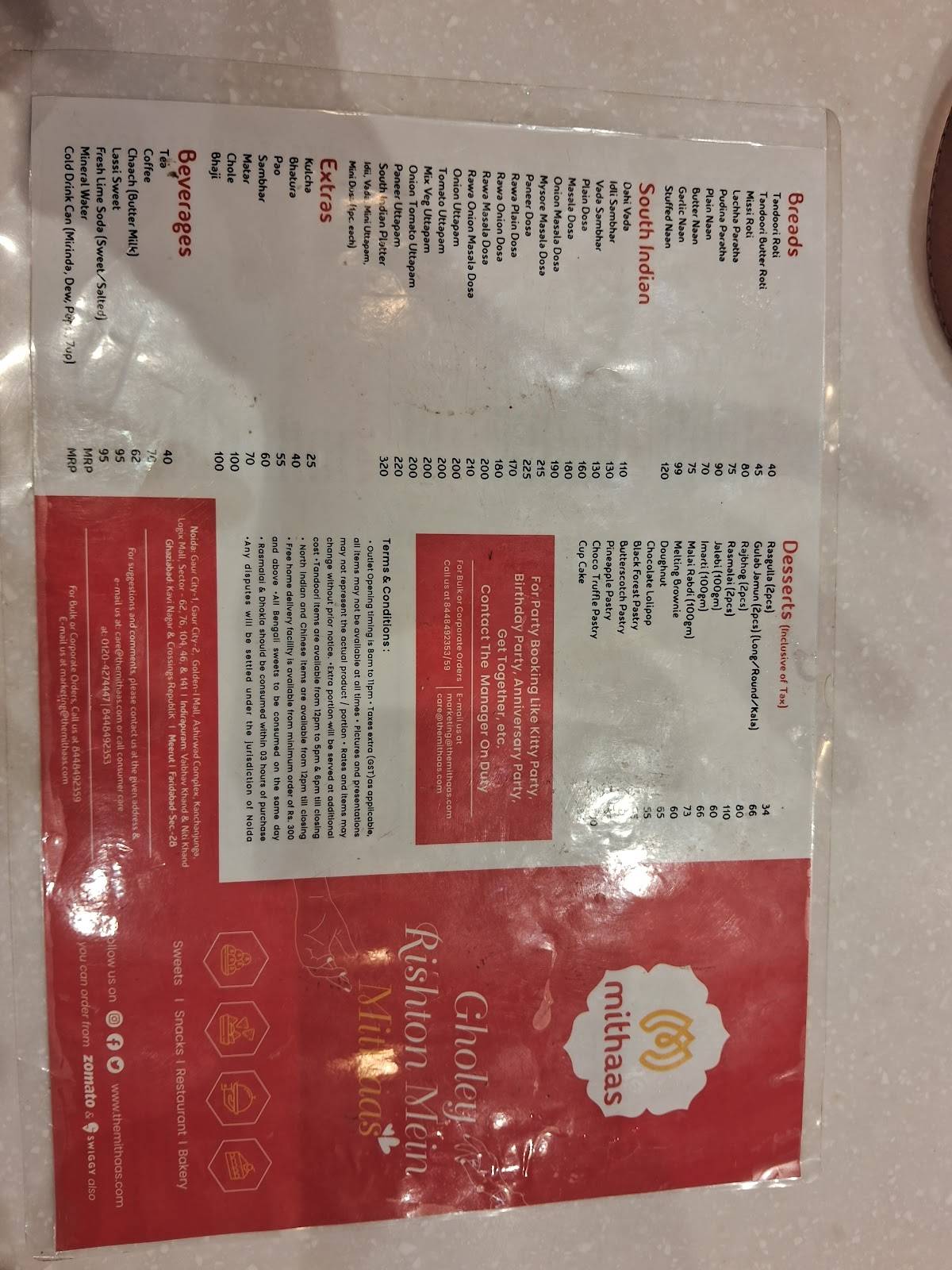 Mithaas Sweet Restaurant menu