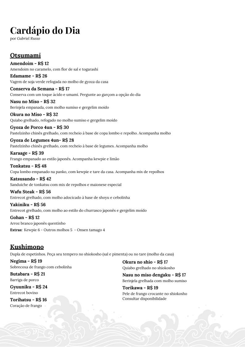 Mizu Izakaya cardápio