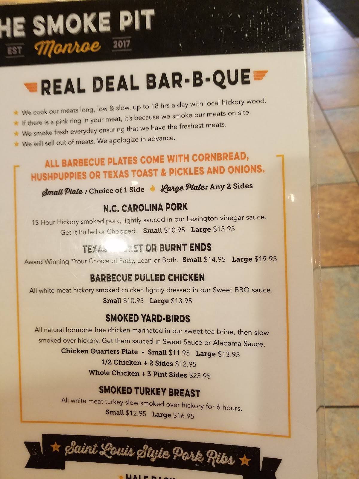 Menu at The Smoke Pit BBQ, Monroe