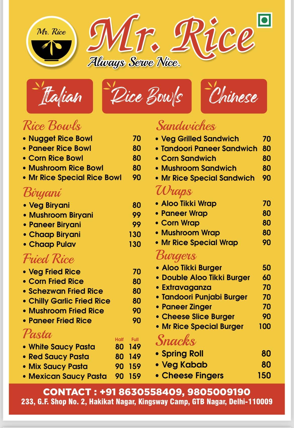 Mr. Rice menu