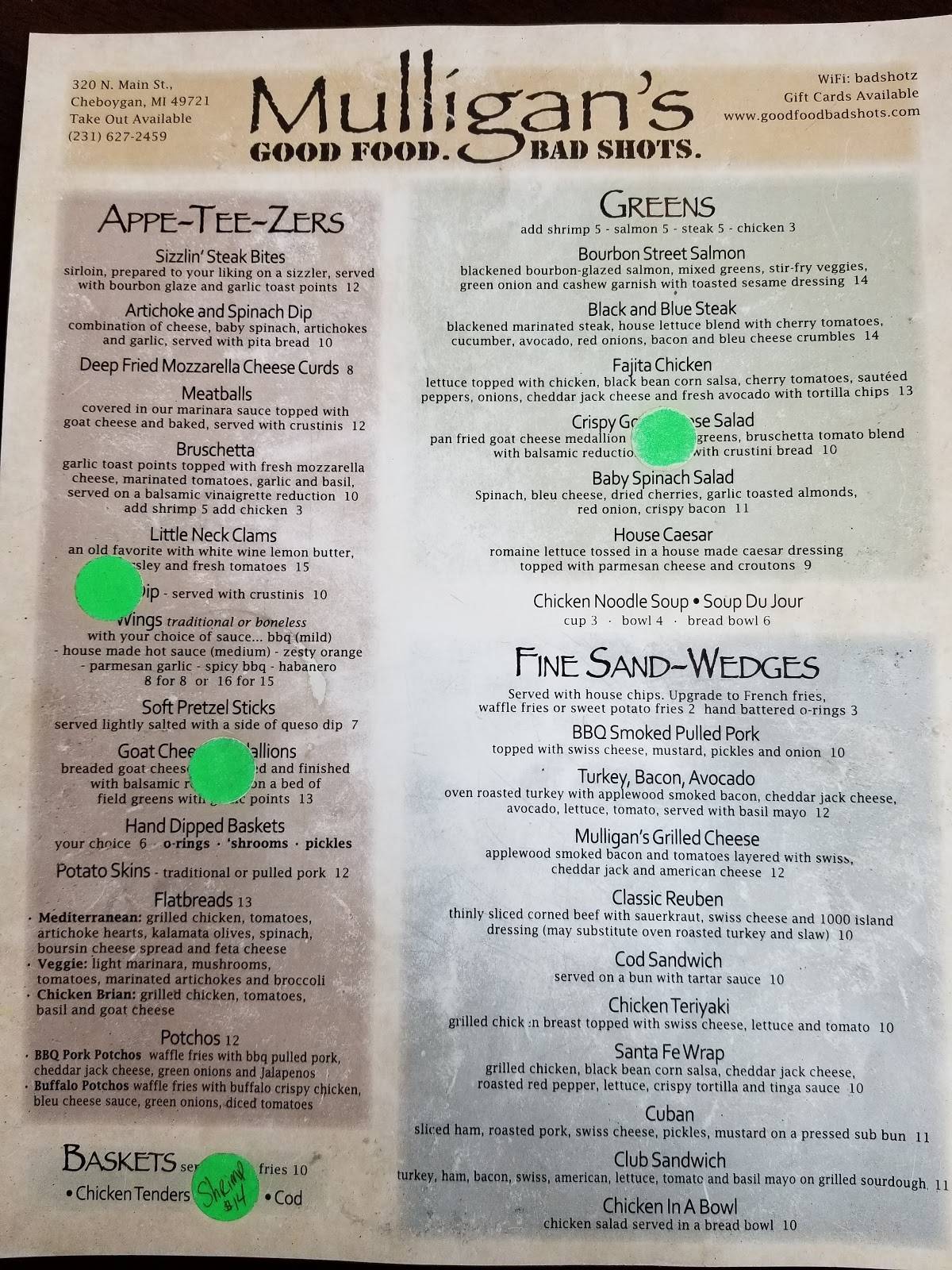 Menu at Mulligan's Restaurant, Cheboygan