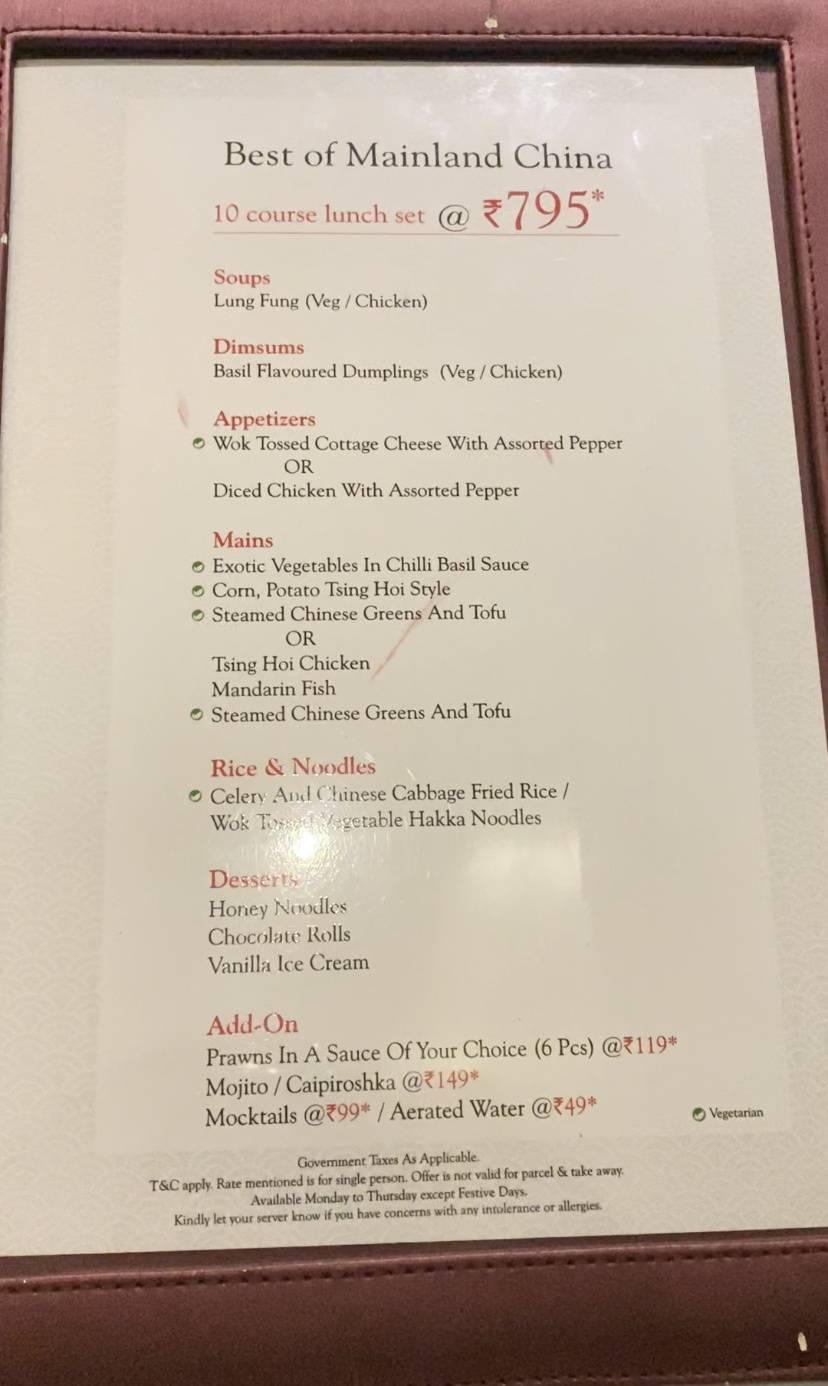 Mainland China Powai menu