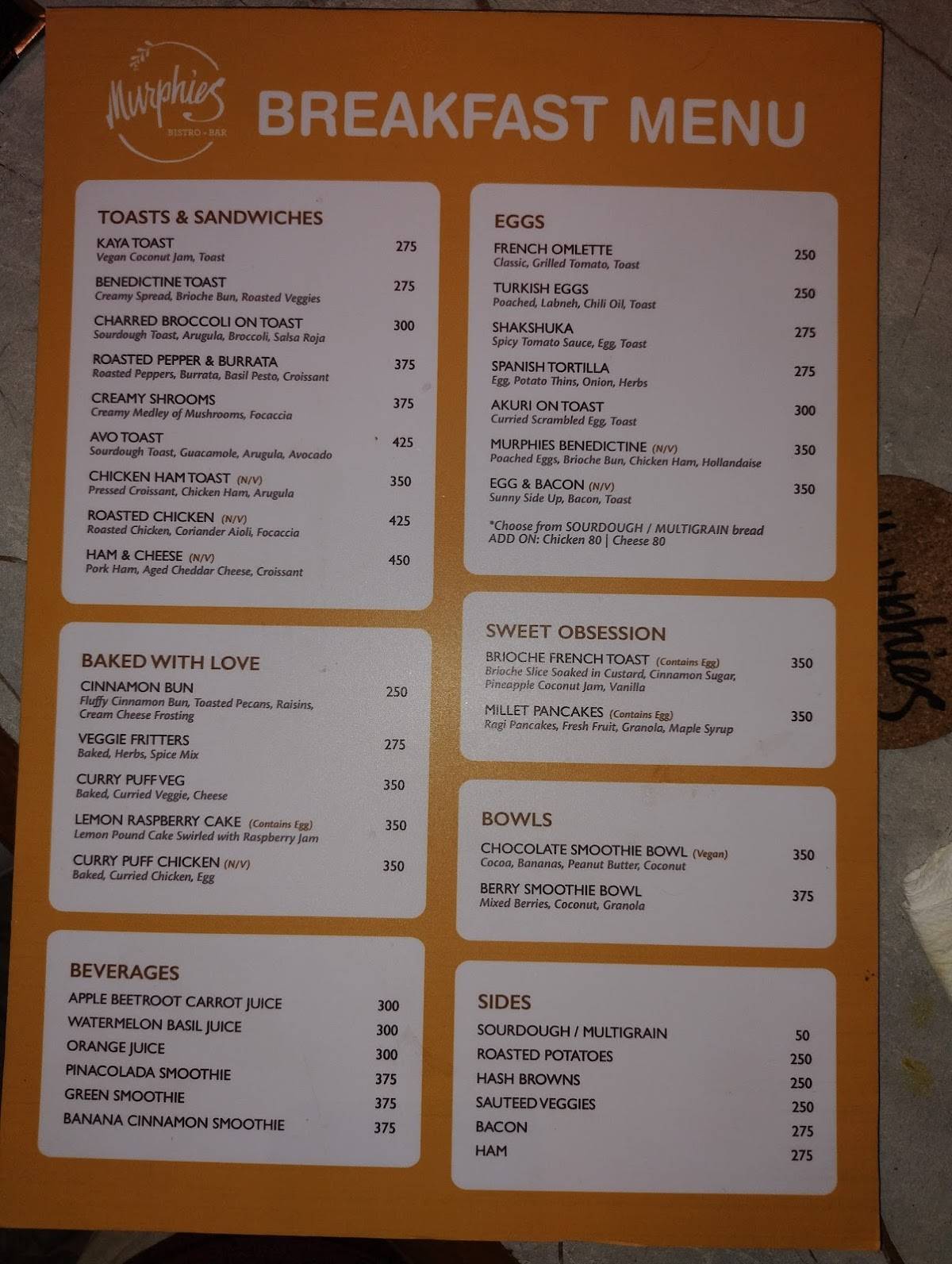 Murphies - Bistro and Bar menu