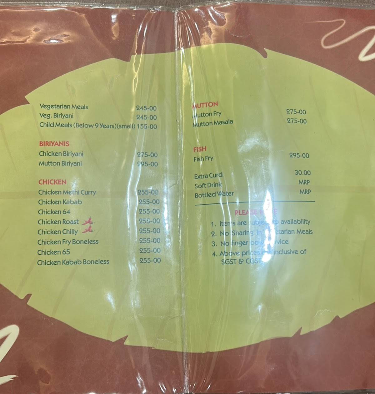 Hotel RRR Mysore menu