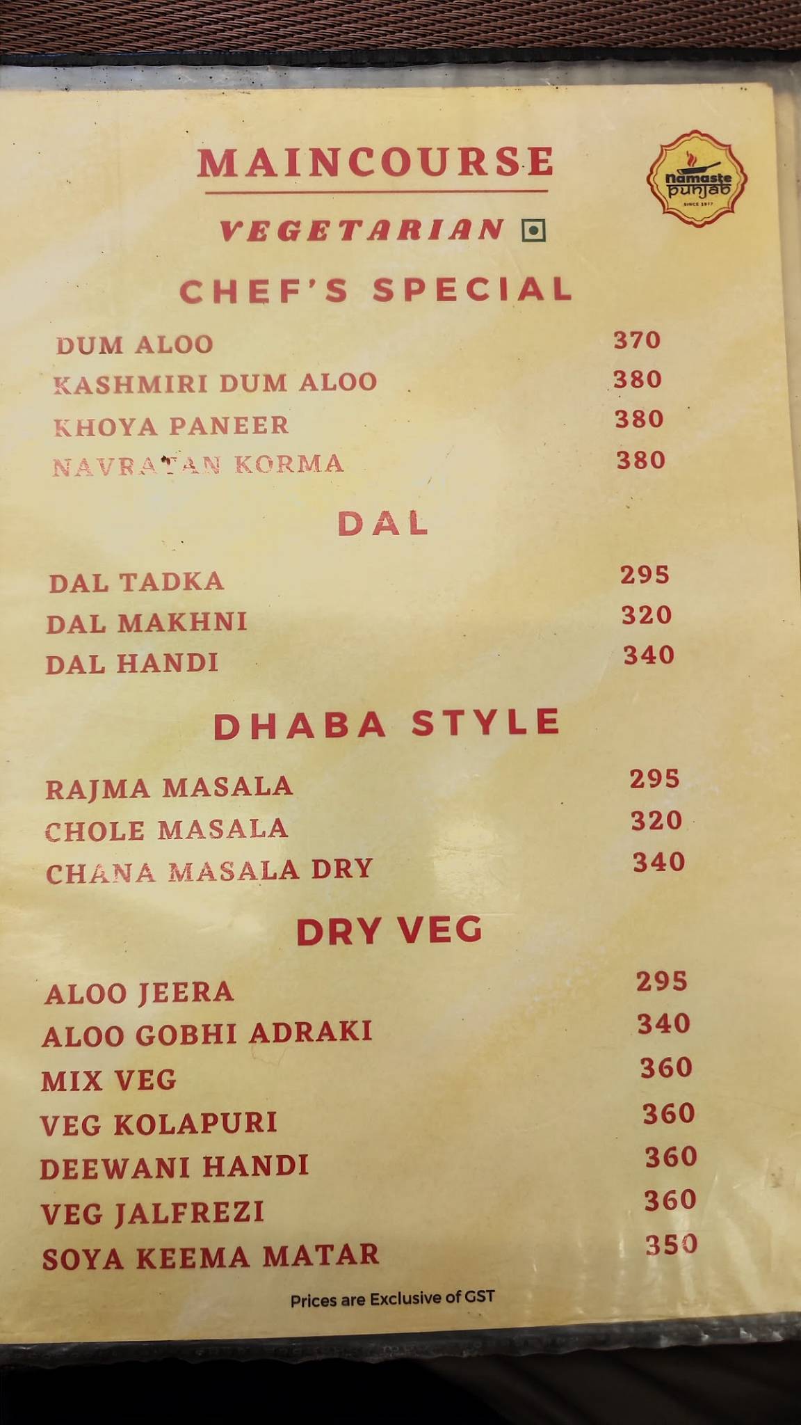 Namaste Punjab menu