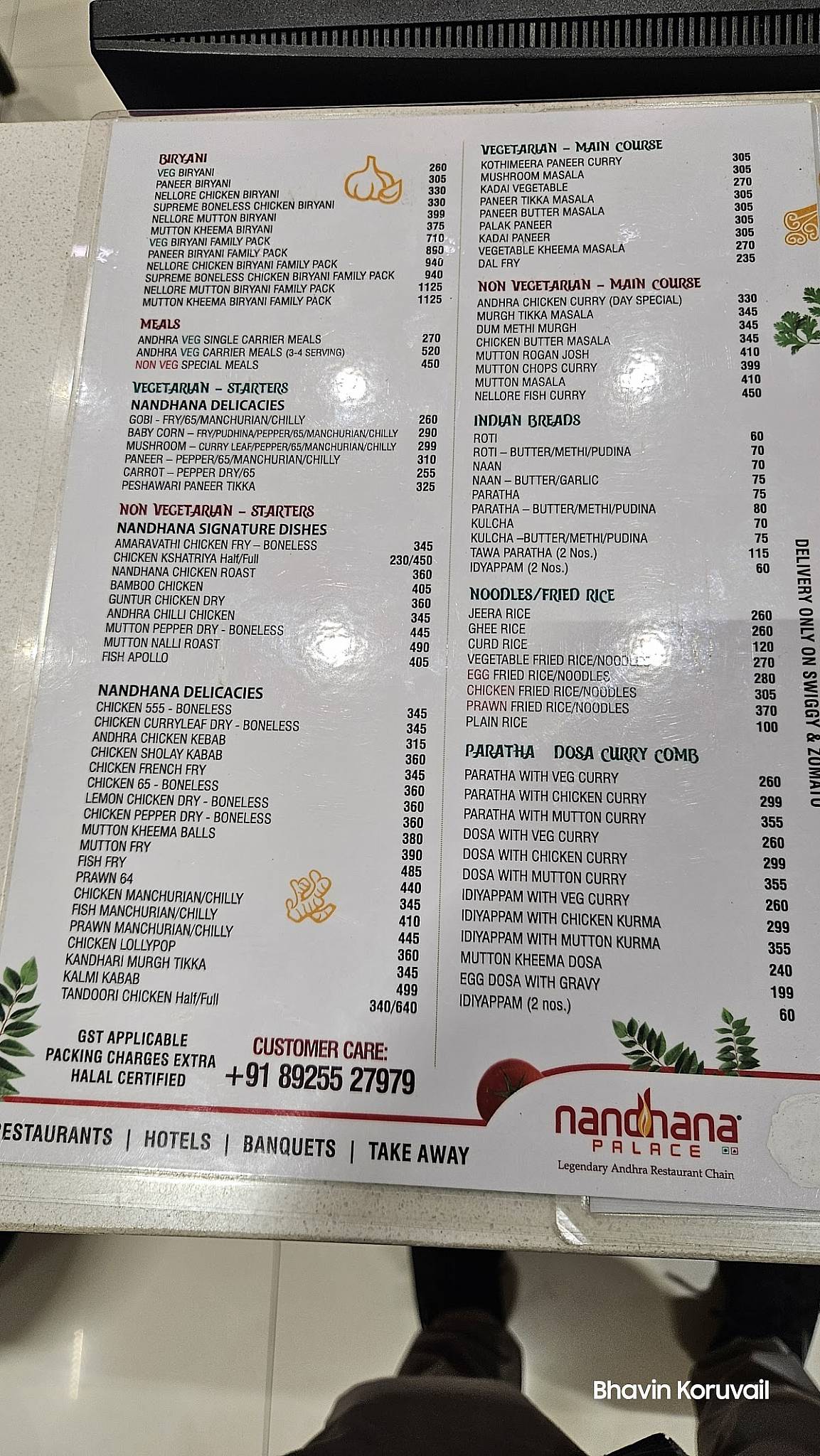 Nandhana Palace - Andhra Style Restaurant - Mount Road menu