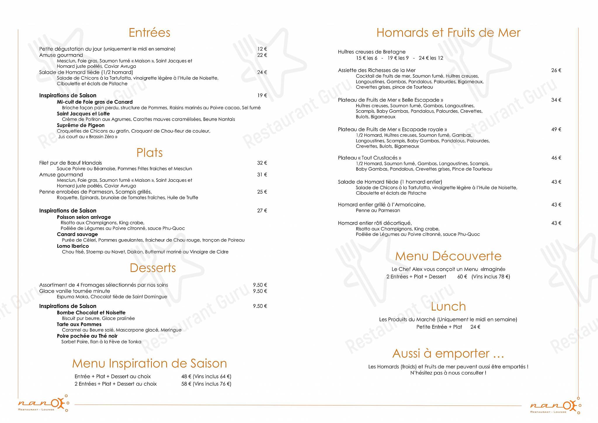 Menu pour Nano - At Home Catering Menu