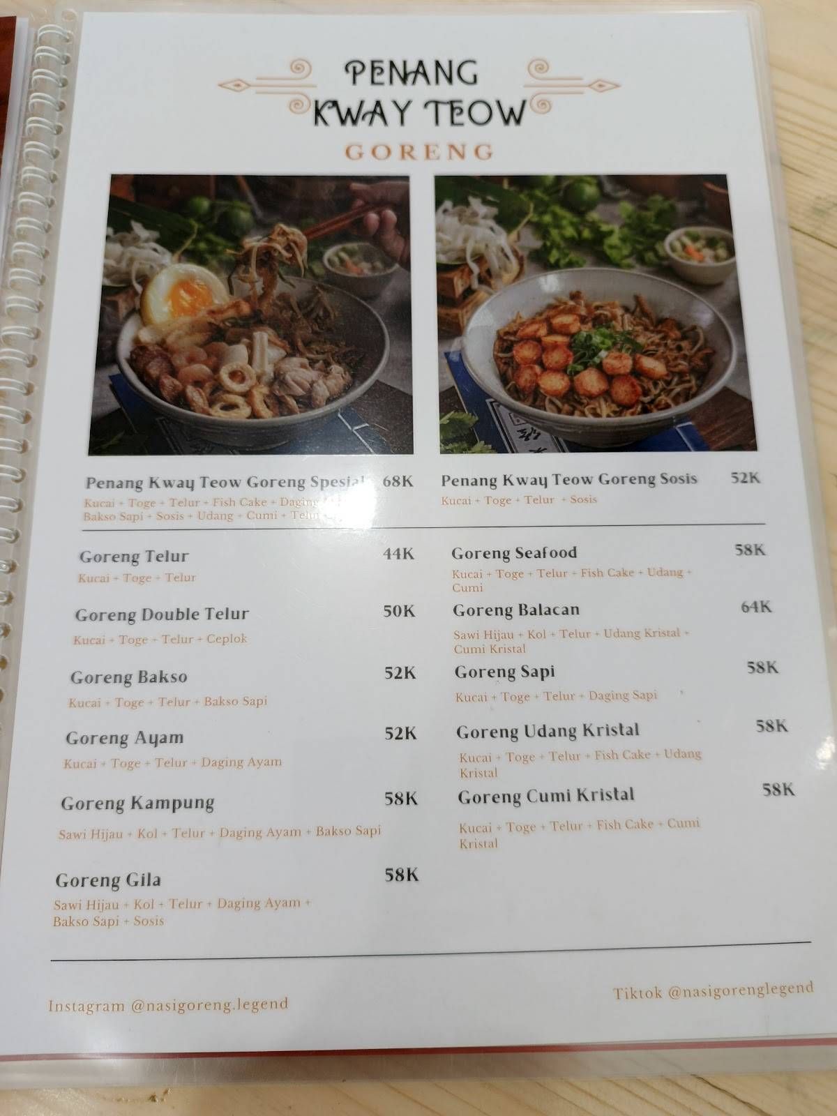 Menu at Nasi Goreng Legend restaurant, West Jakarta