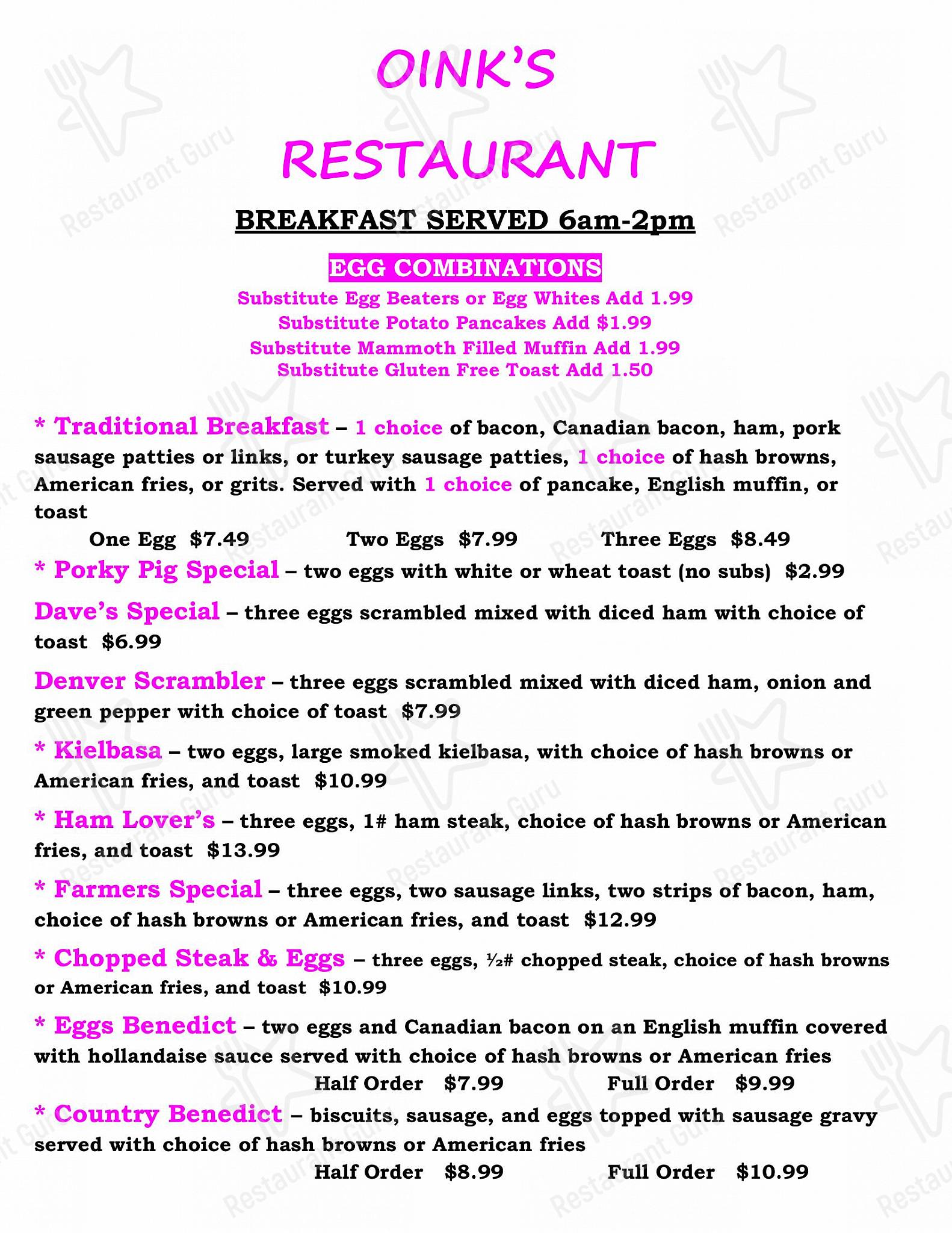 Menu at Oink's Restaurant, Neenah