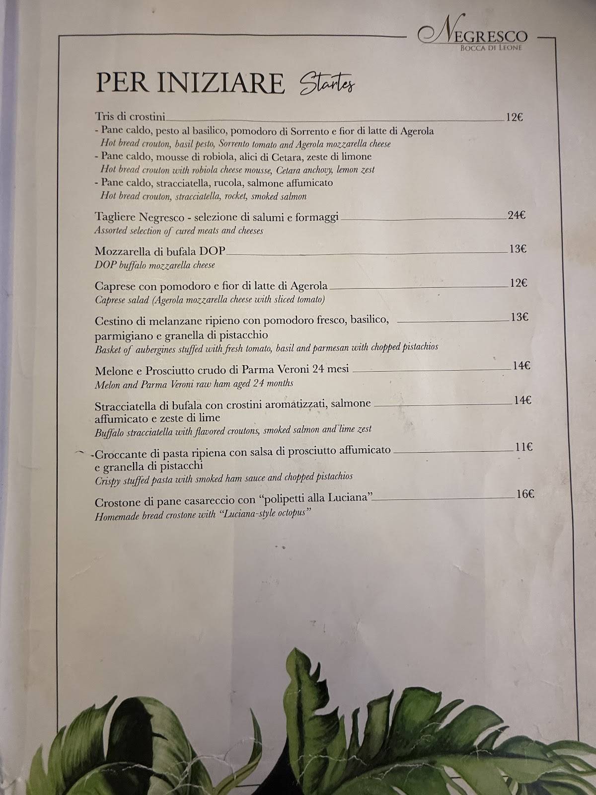 Menu di Negresco Bocca di Leone 