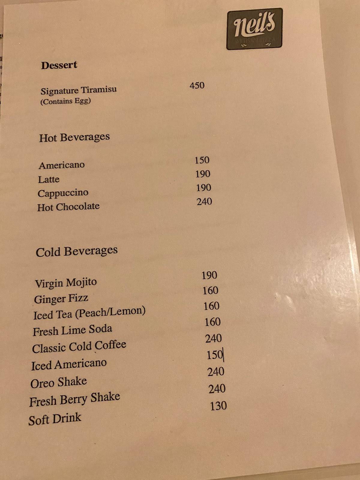 Neil's Artisan Pizza menu