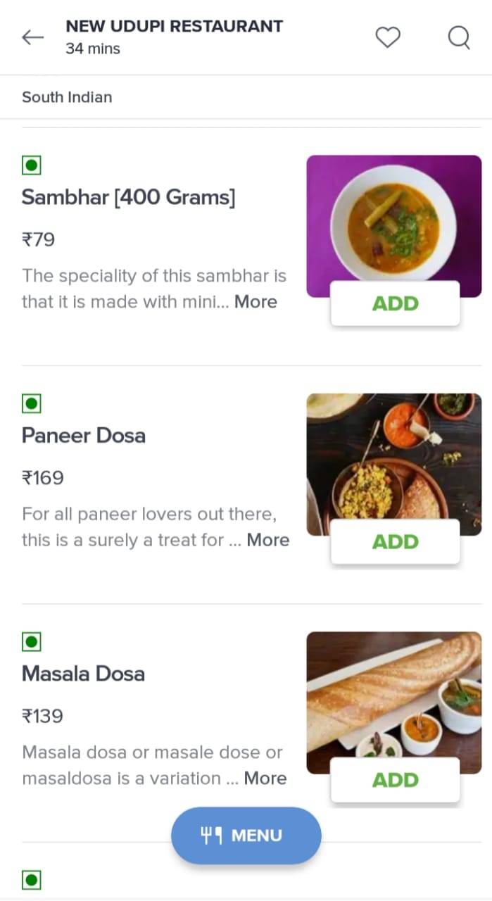 New Udupi Restaurant menu
