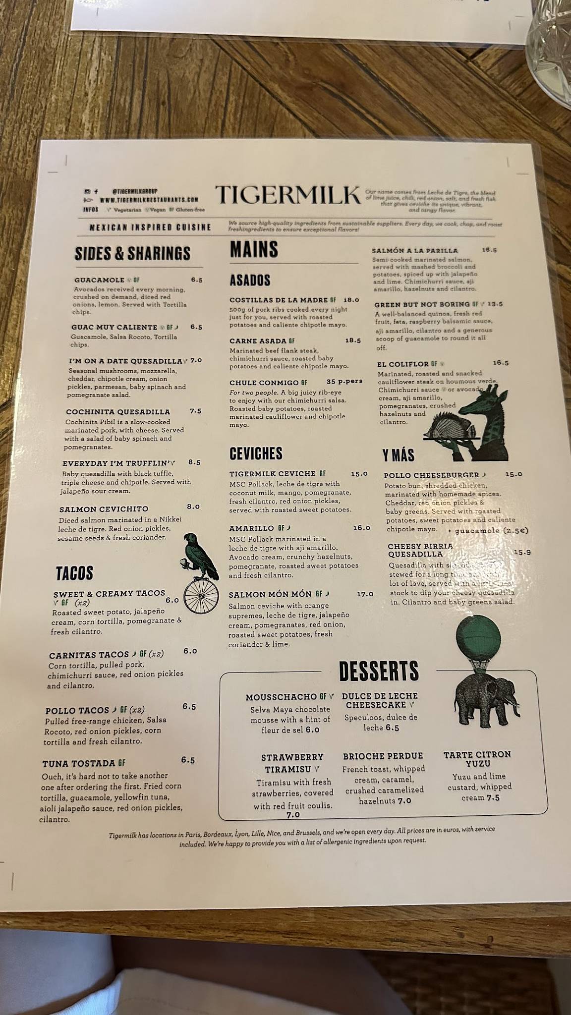 Menu de Tigermilk Nice