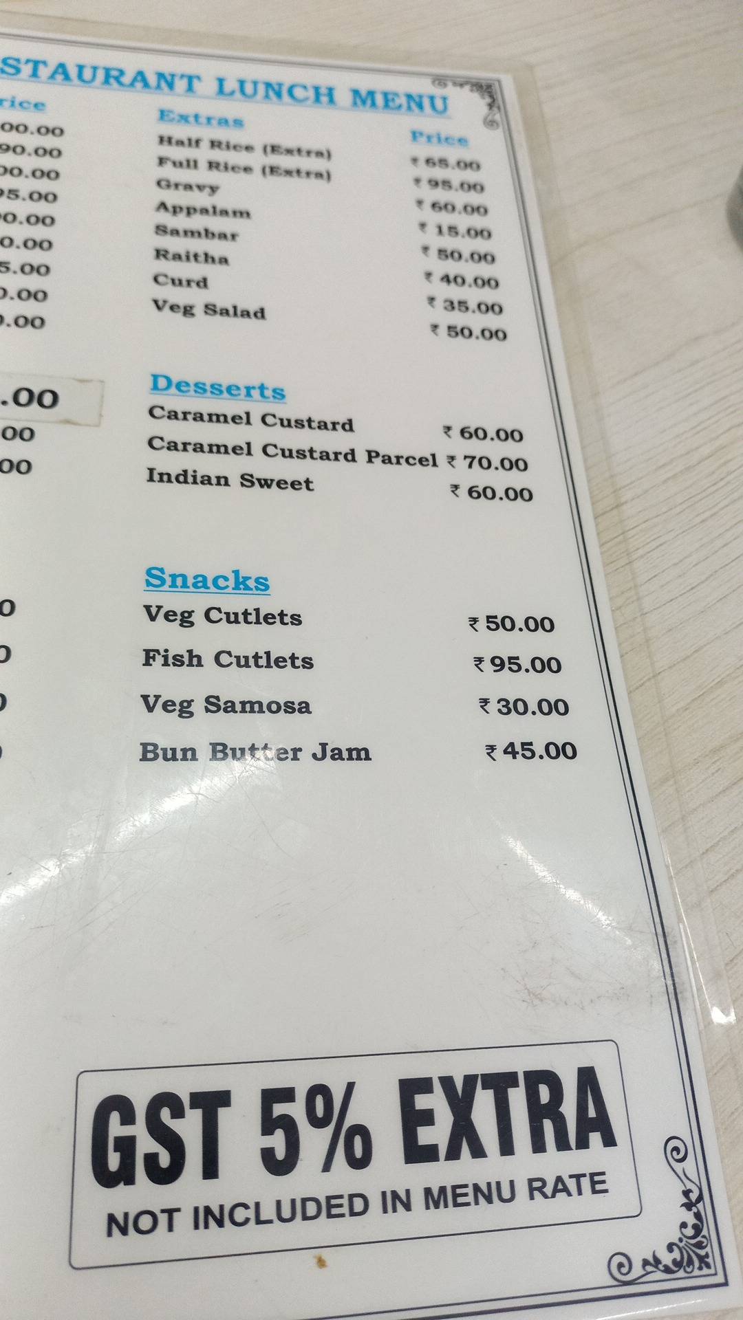 Ninan's Restaurant menu
