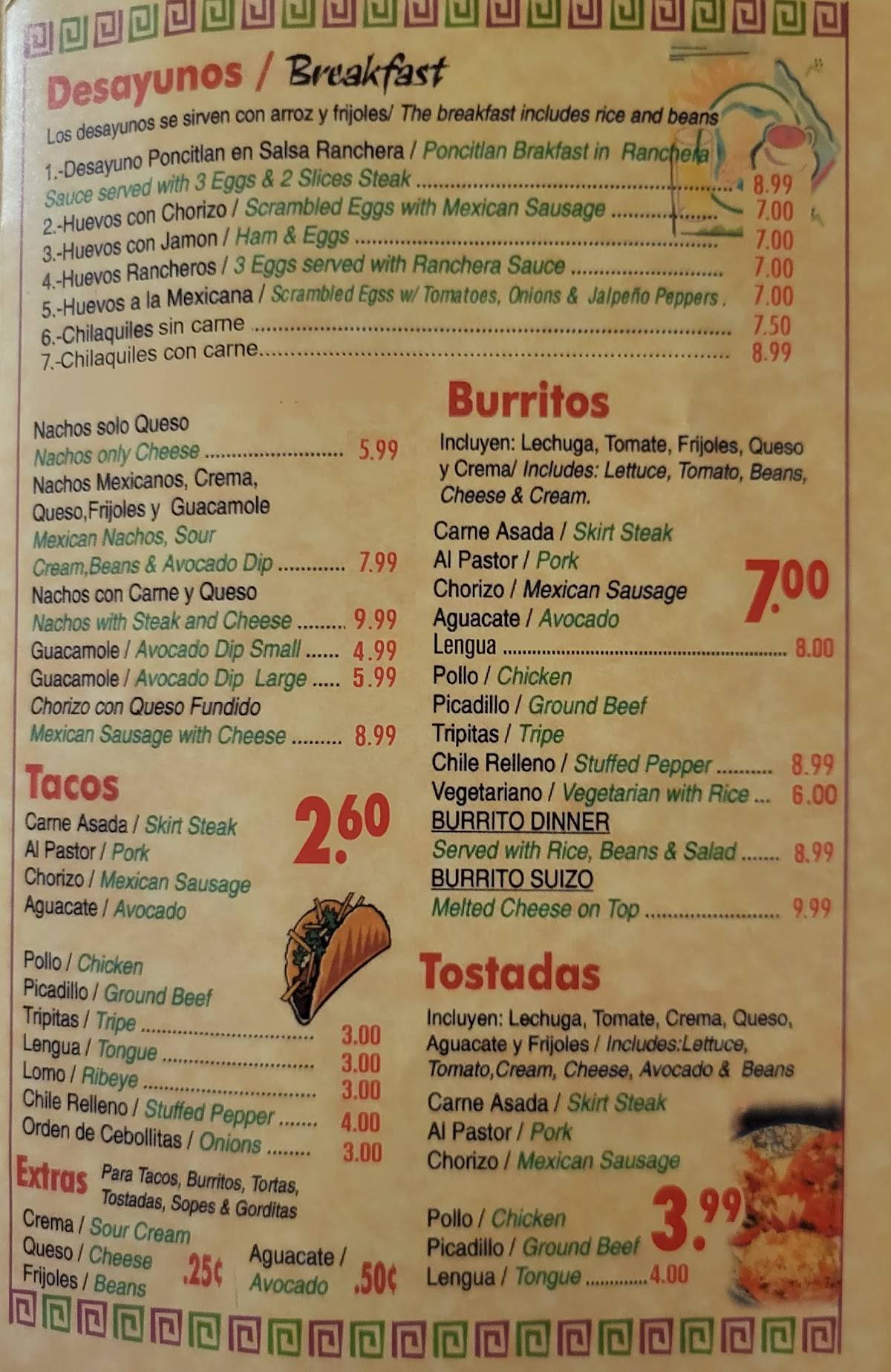 Menu at Nuevo Poncitlan restaurant, Berwyn, W 26th St